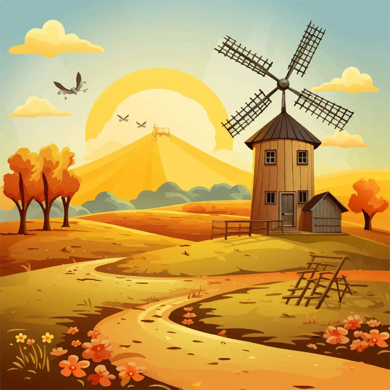 Rustic Farm Scene with Barn and Windmill – free scarecrow image from Dotvec