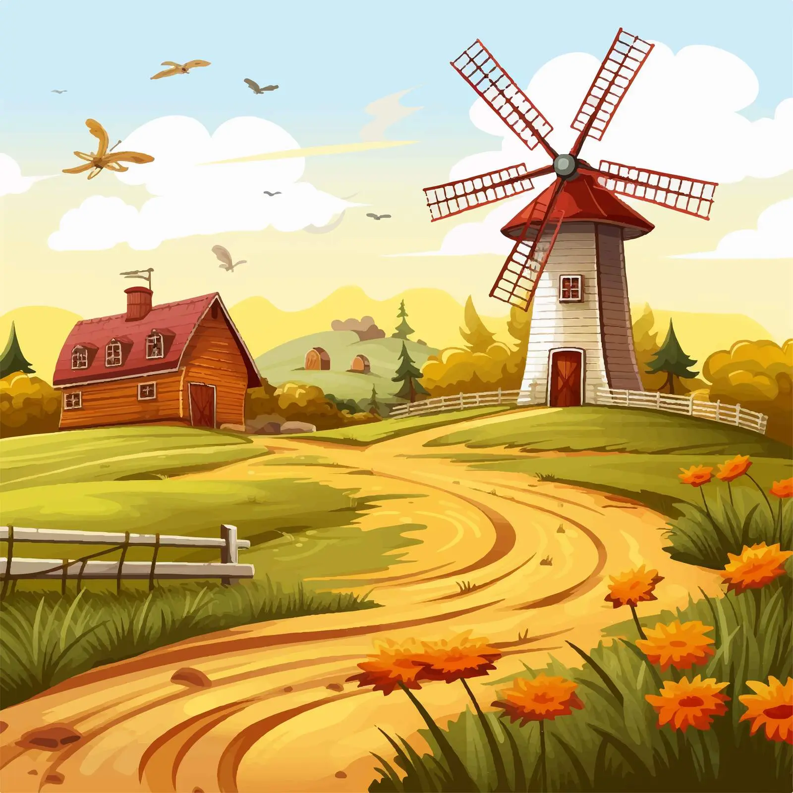 Farm Scene with Barn, Windmill, and Scarecrow — free download from Dotvec