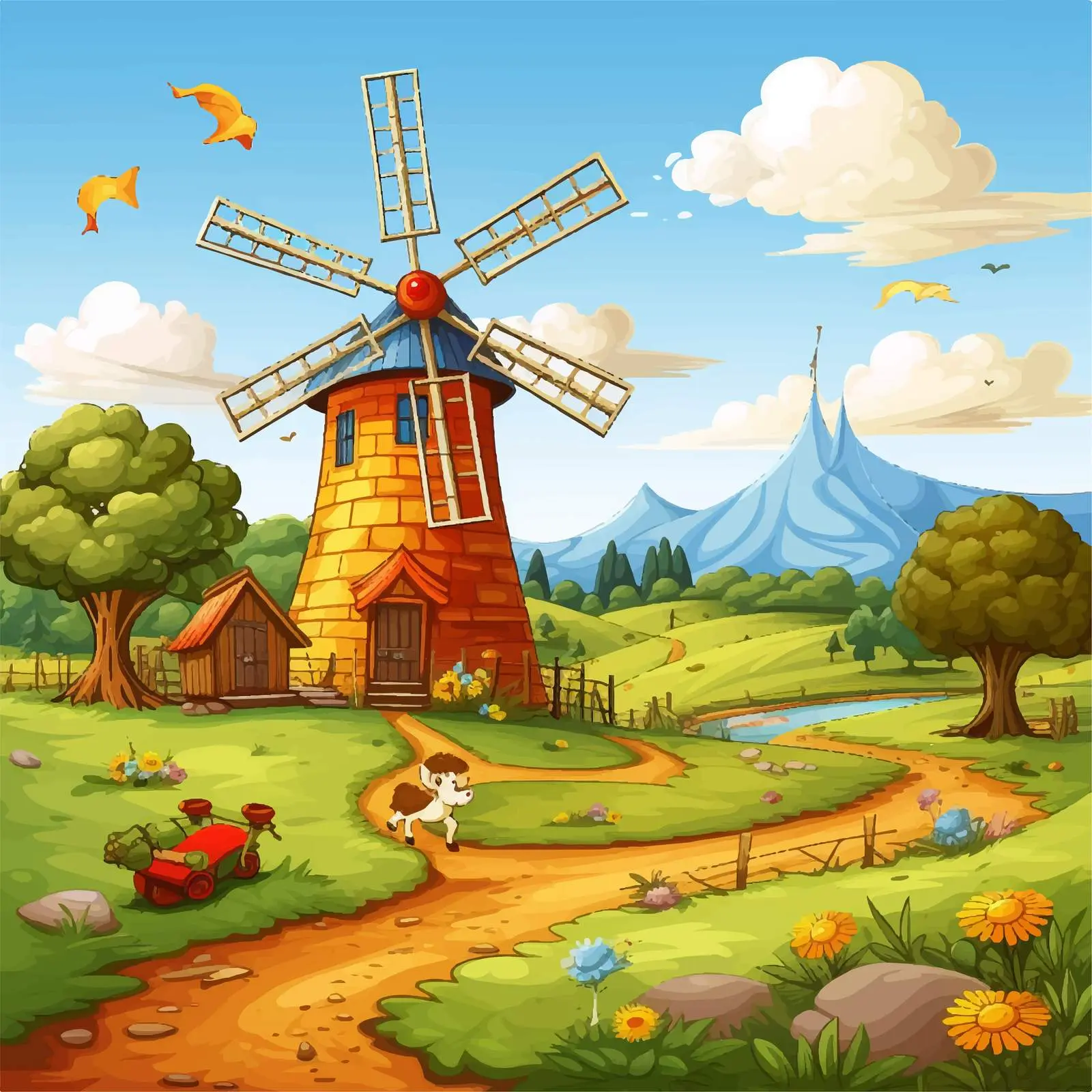 Farm Scene with Barn, Windmill, and Scarecrow — free download from Dotvec