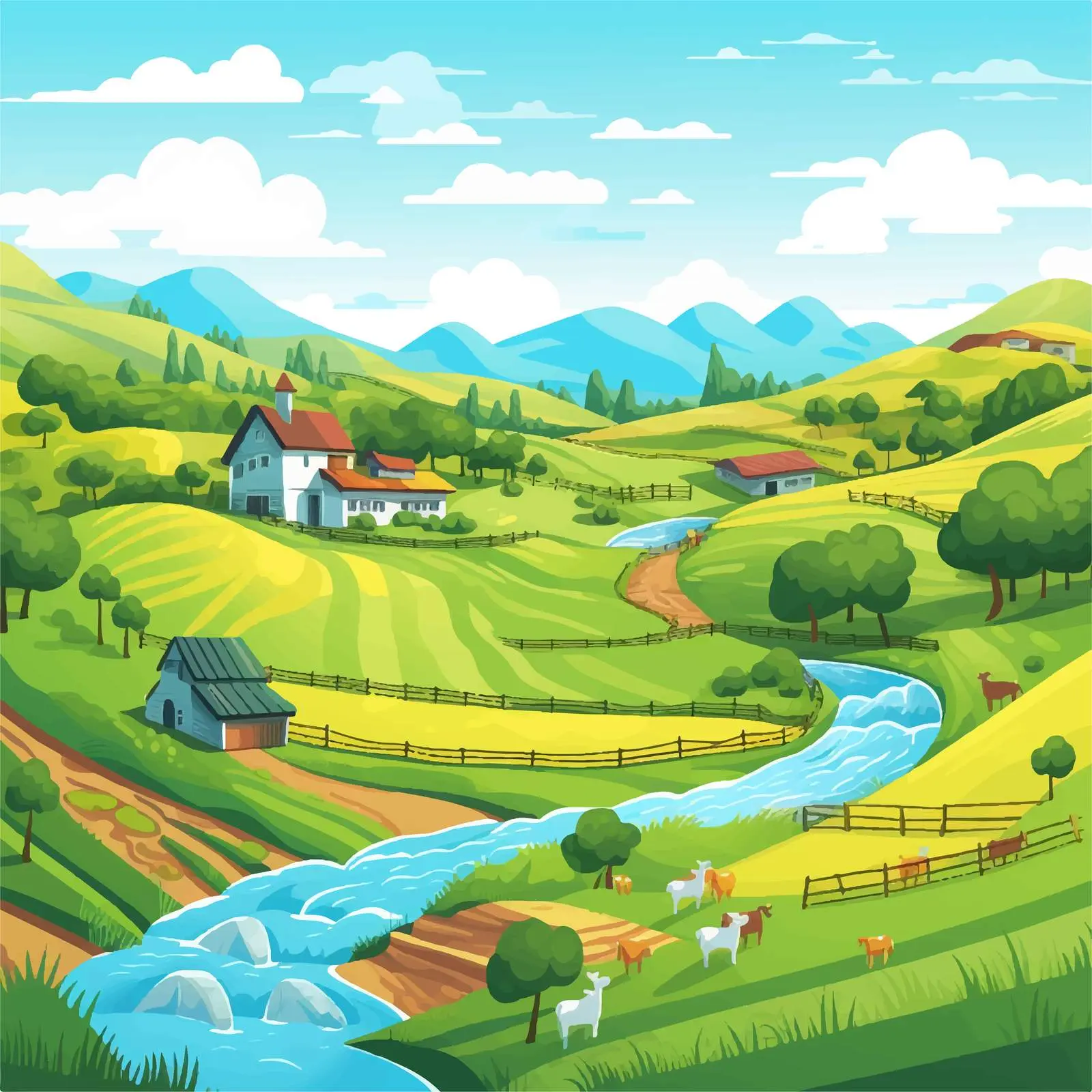 Countryside Farm Land Vector Illustration — free download from Dotvec