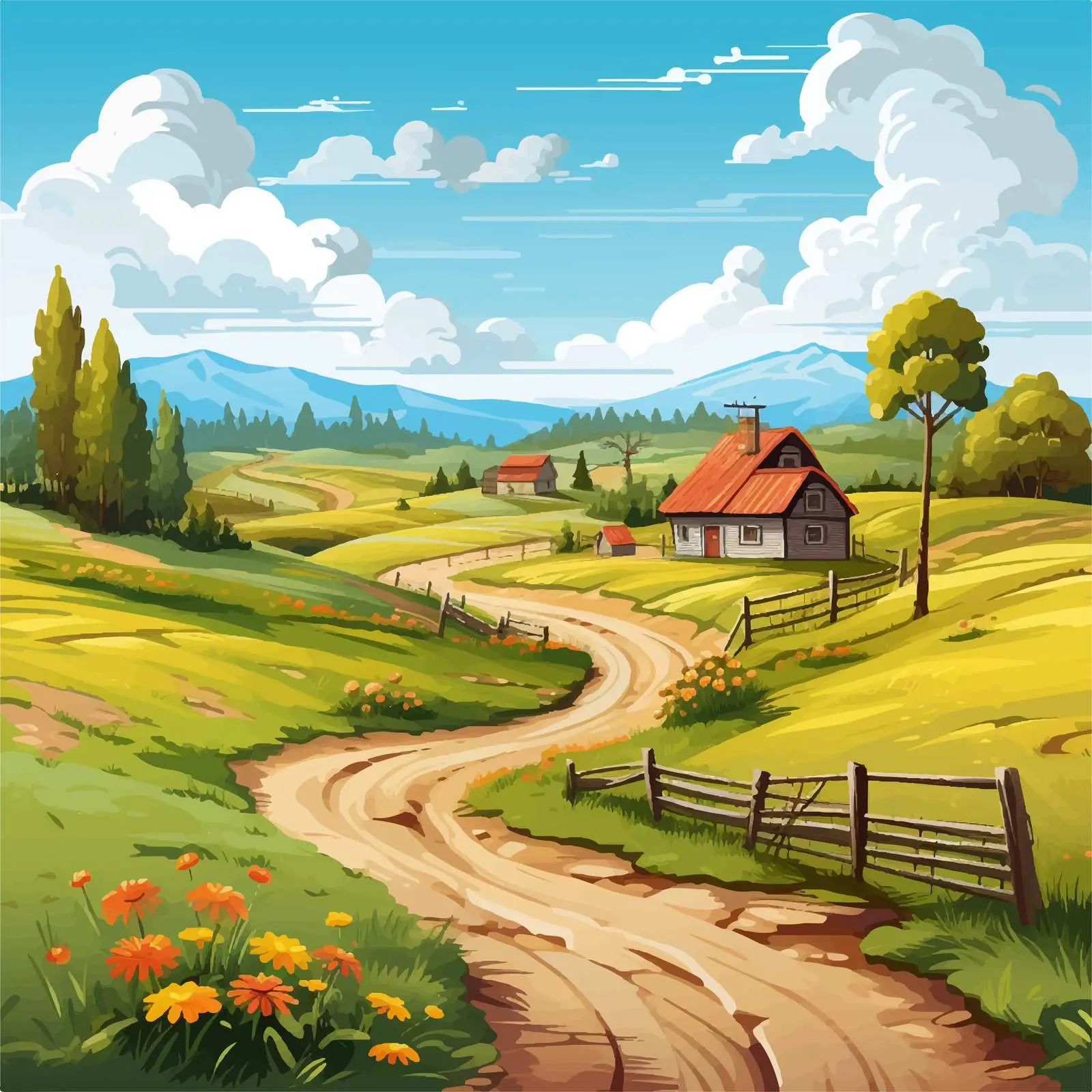 Cartoon Farm Landscape in the Countryside — free download from Dotvec