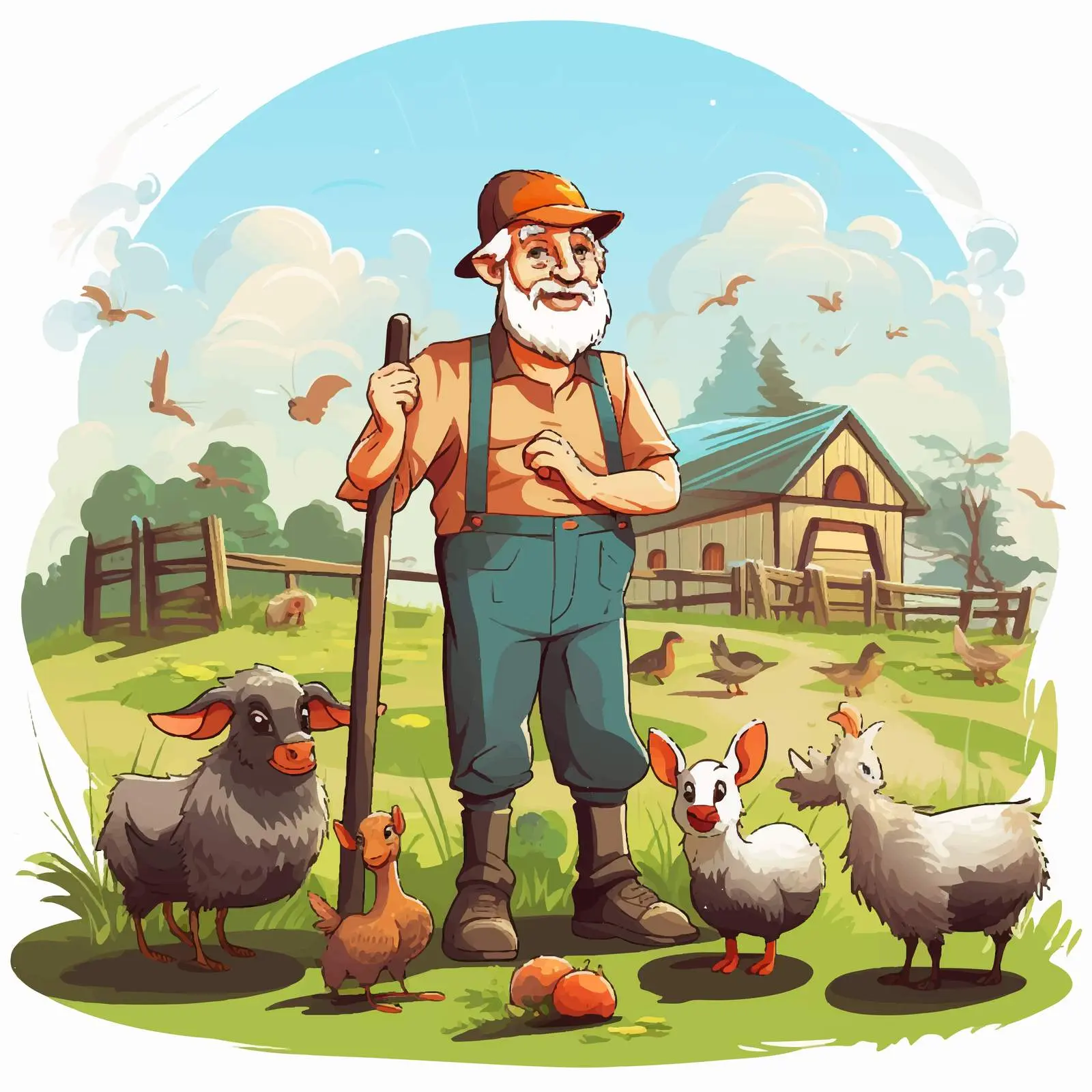 Daytime Farm Scene with Old Farmer and Animals — free download from Dotvec
