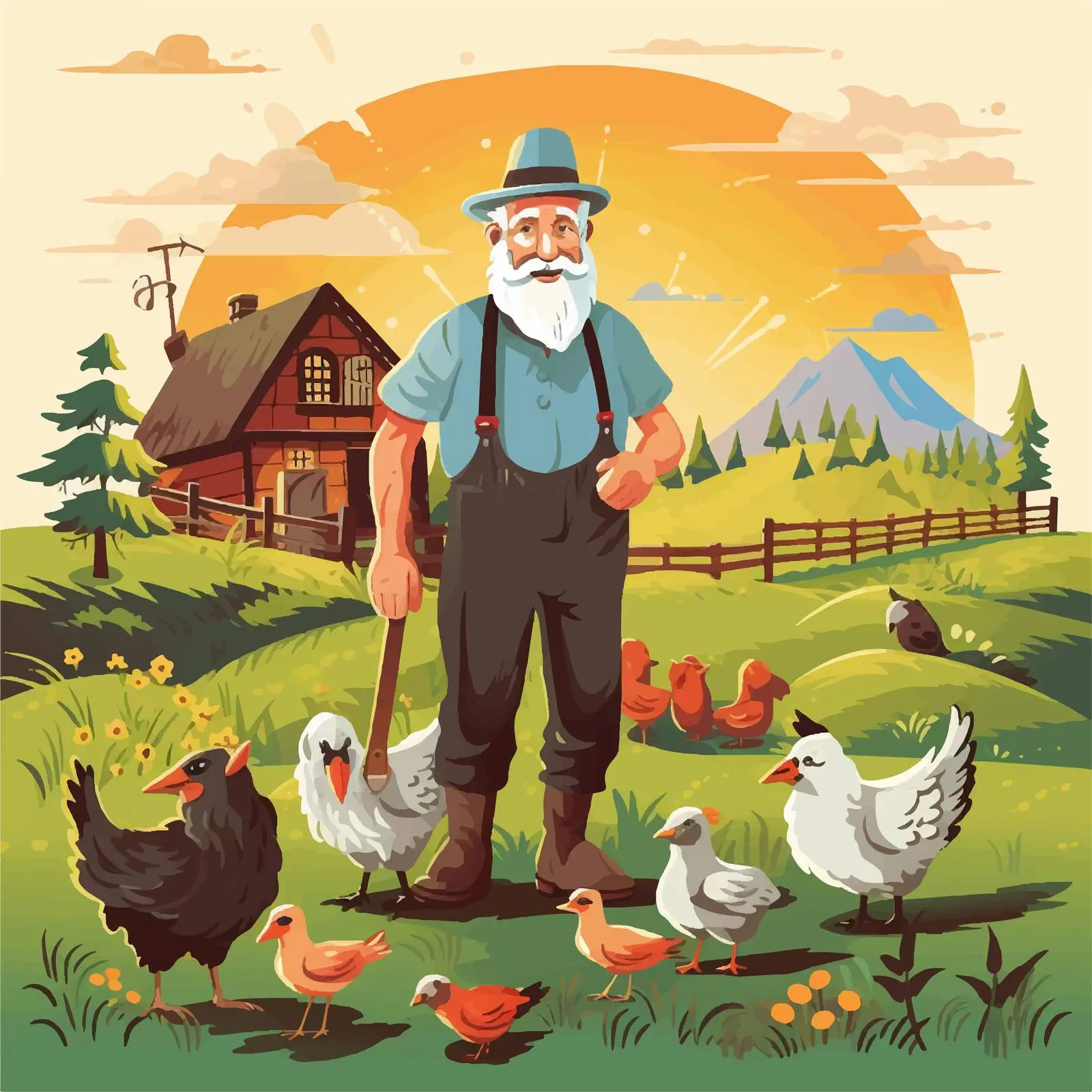 Daytime Farm Scene with Farmer and Animals — free download from Dotvec