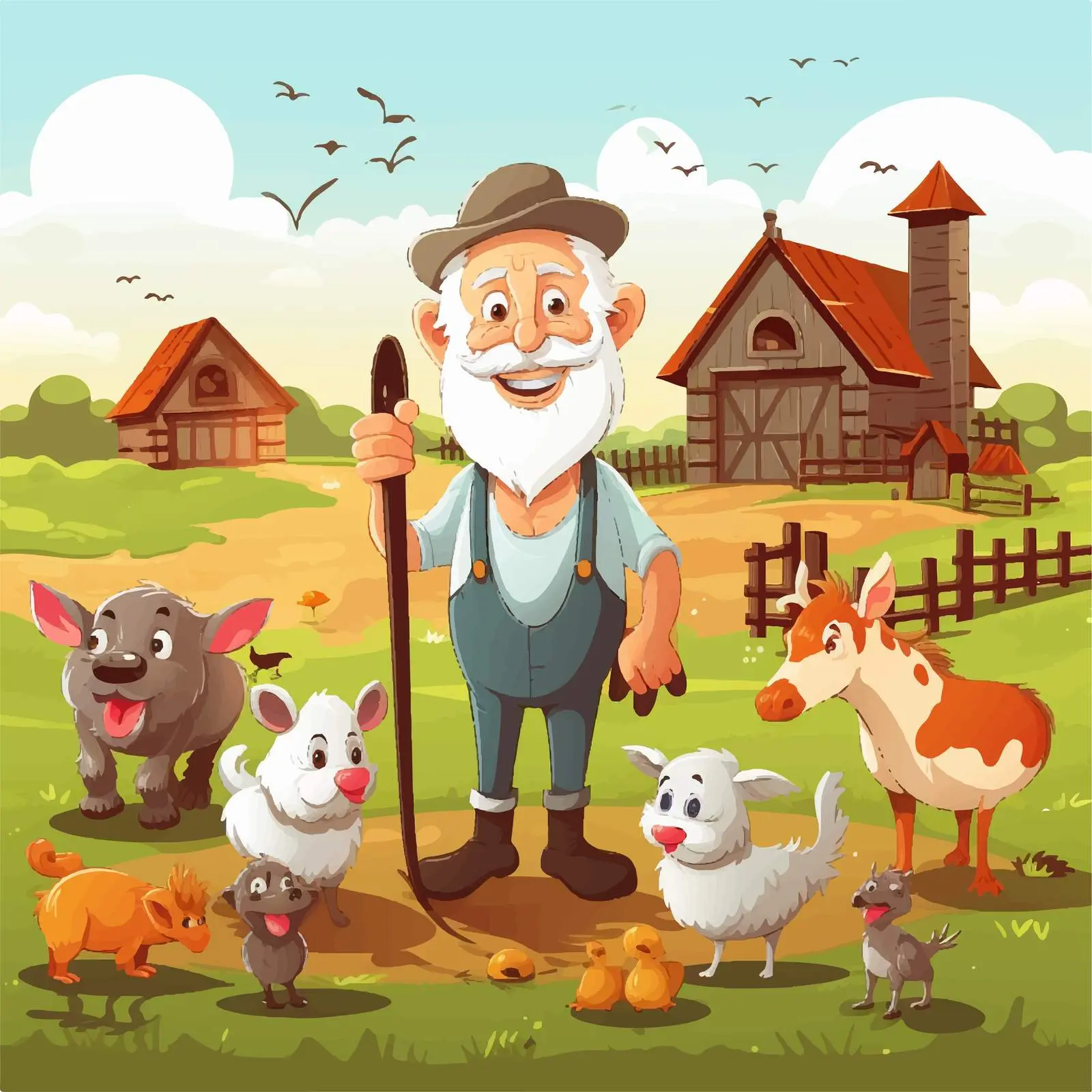 Daytime Farm Scene with Old Farmer and Animals — free download from Dotvec
