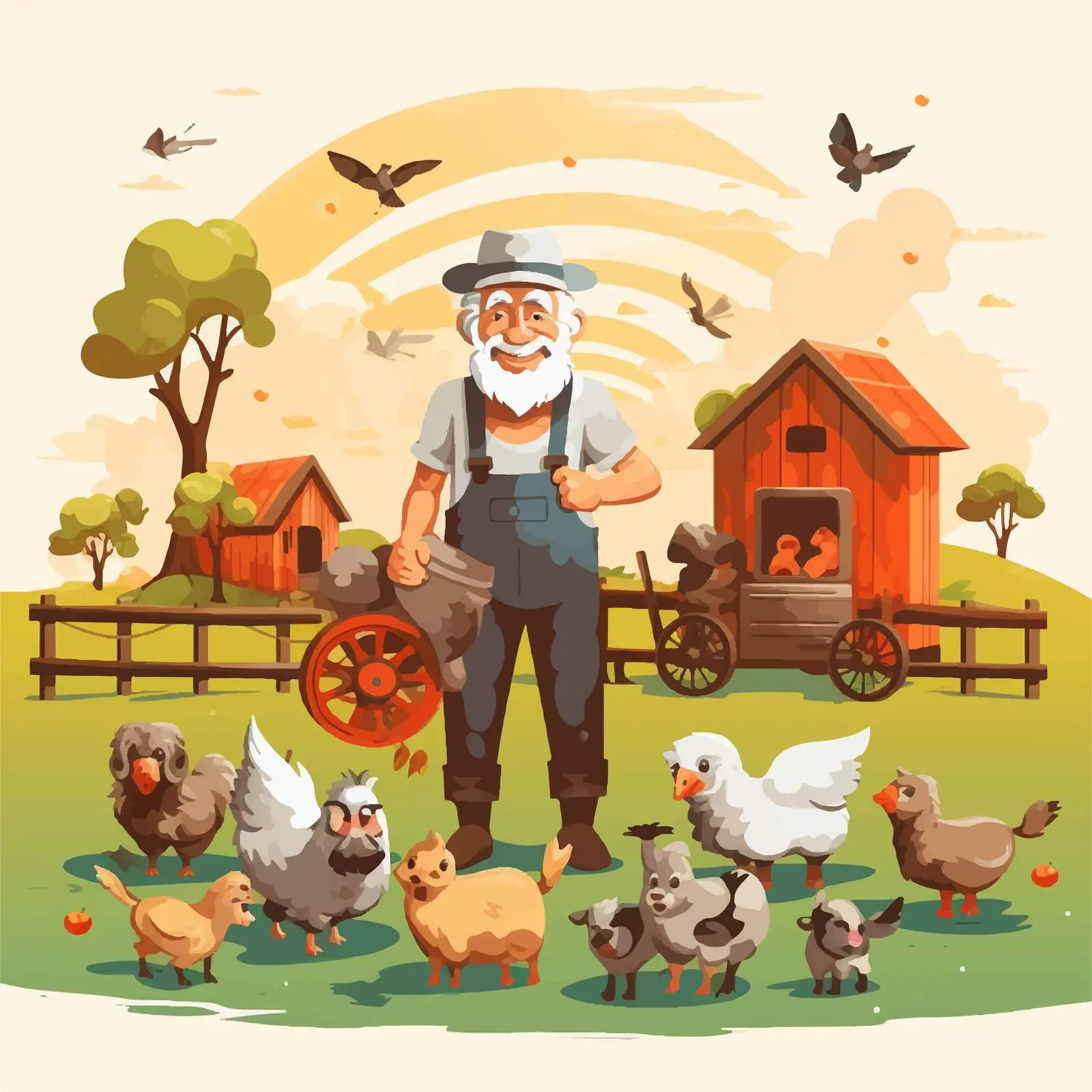 Daytime Farm Scene with Farmer and Animals — free download from Dotvec