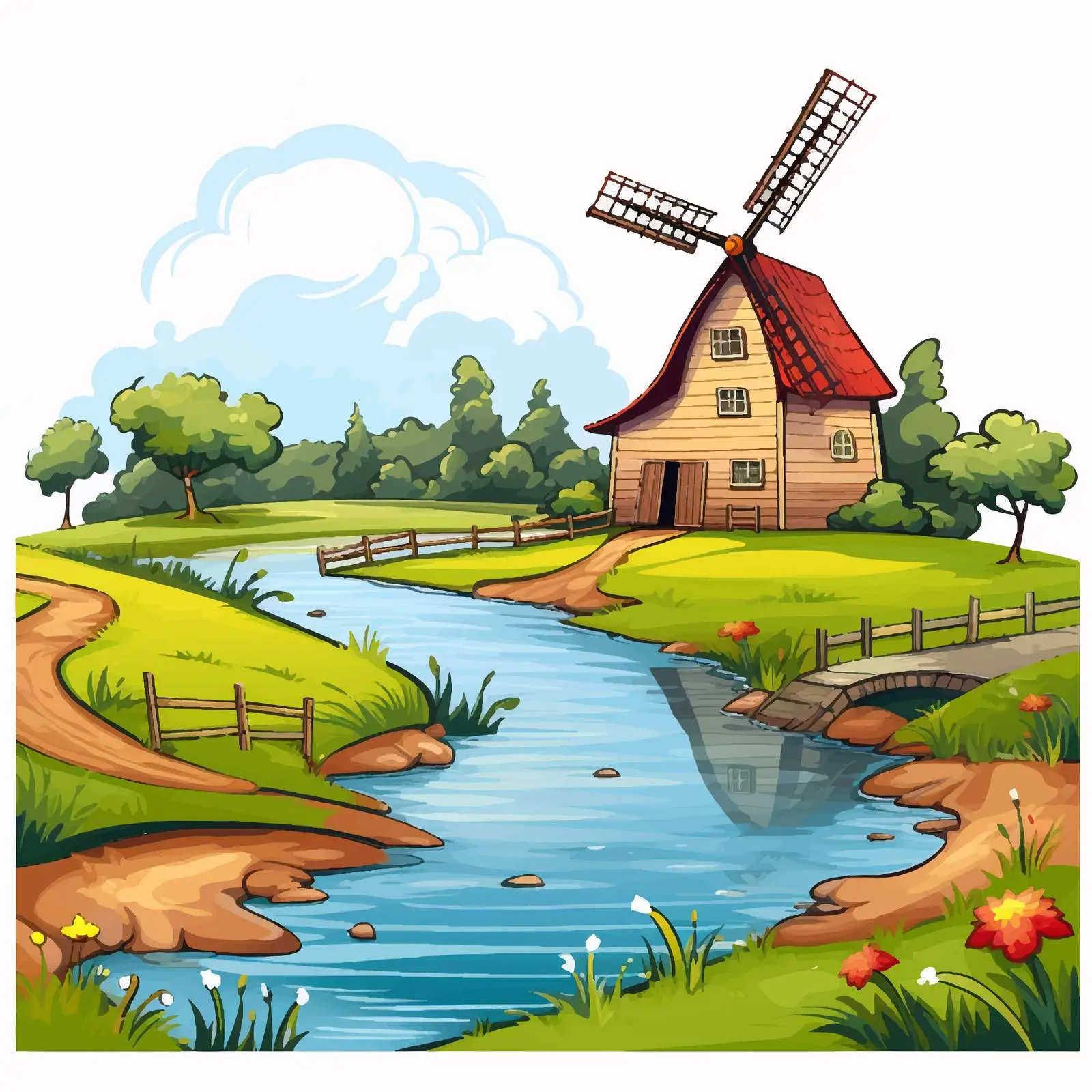 Rural Farm Scene with Barn and Windmill — free download from Dotvec