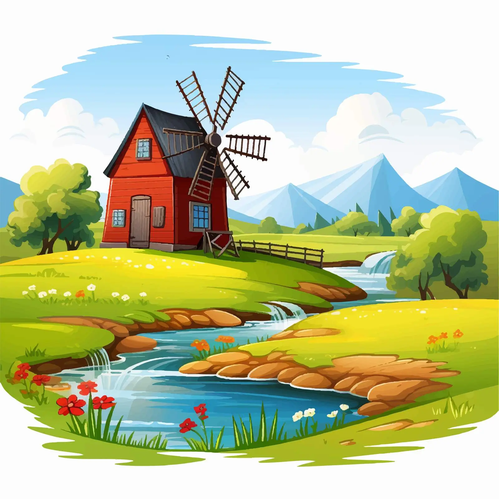 Tranquil Farm Scene with Barn and Windmill — free download from Dotvec