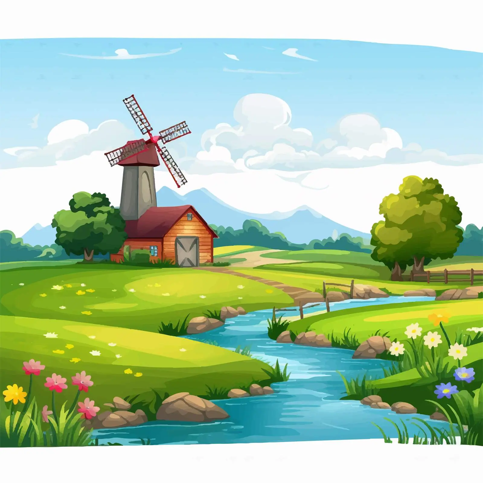 Scenic Farm Landscape with Barn and Windmill — free download from Dotvec