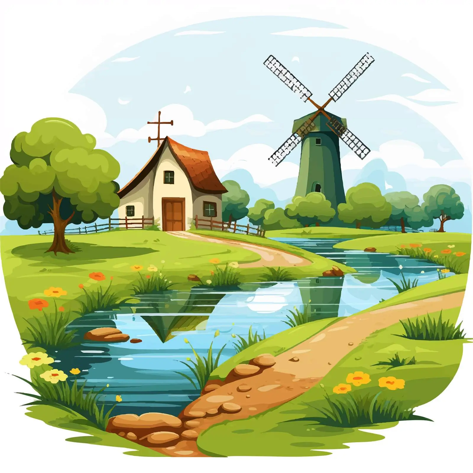 Farm Scene with Barn, Windmill, and River — free download from Dotvec