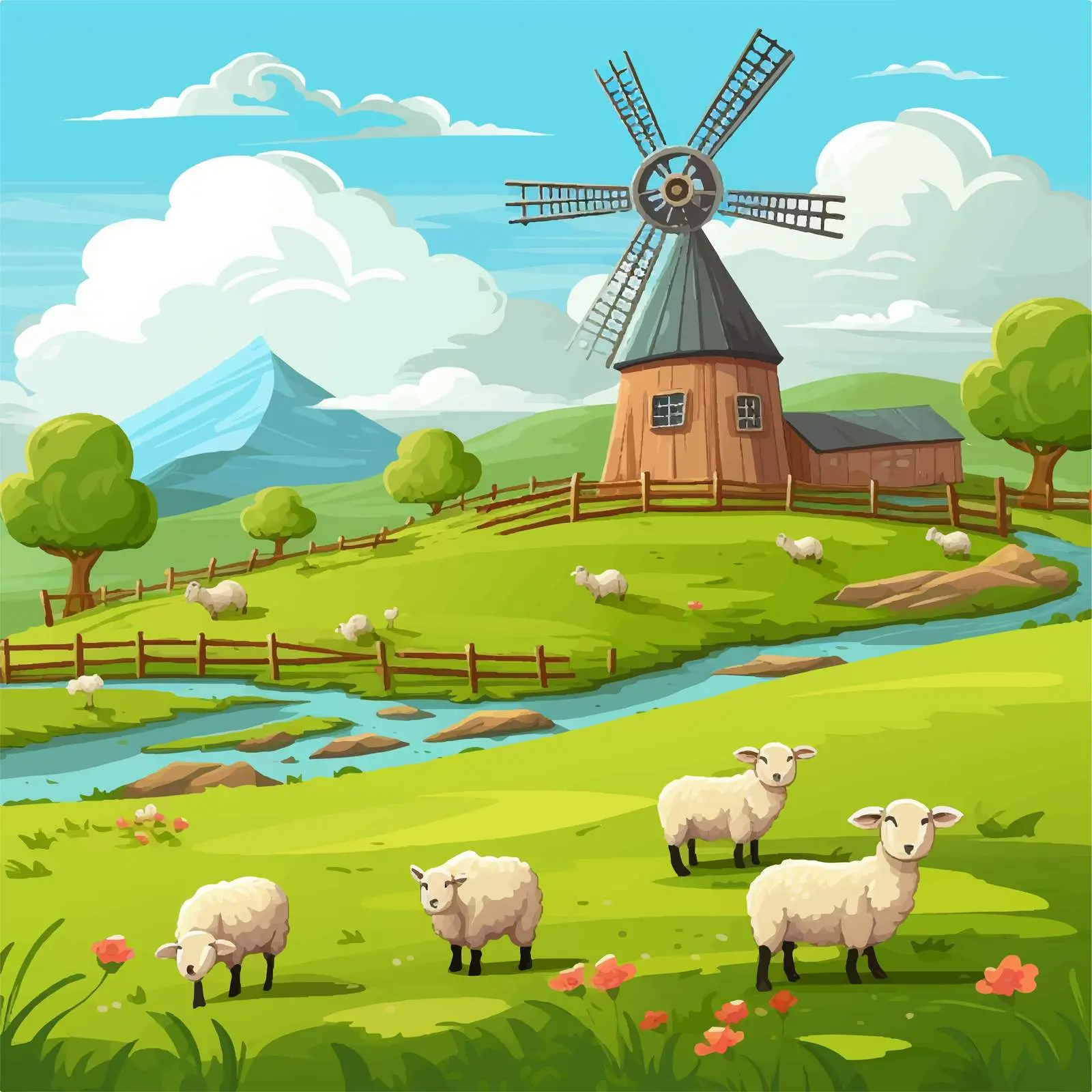 Farm Scene with Barn, Windmill, and Sheep — free download from Dotvec