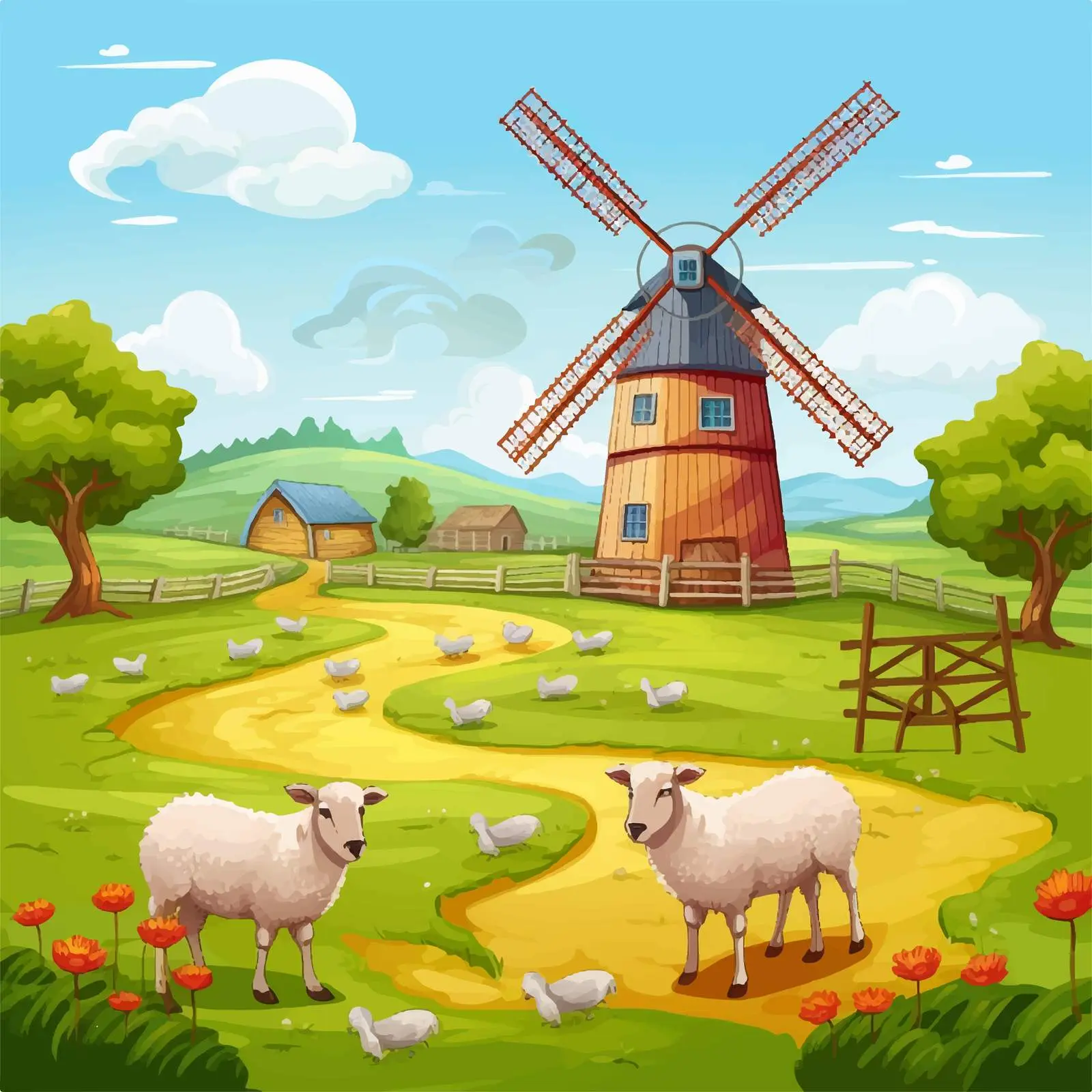 Farm Scene with Barn, Windmill, and Sheep — free download from Dotvec