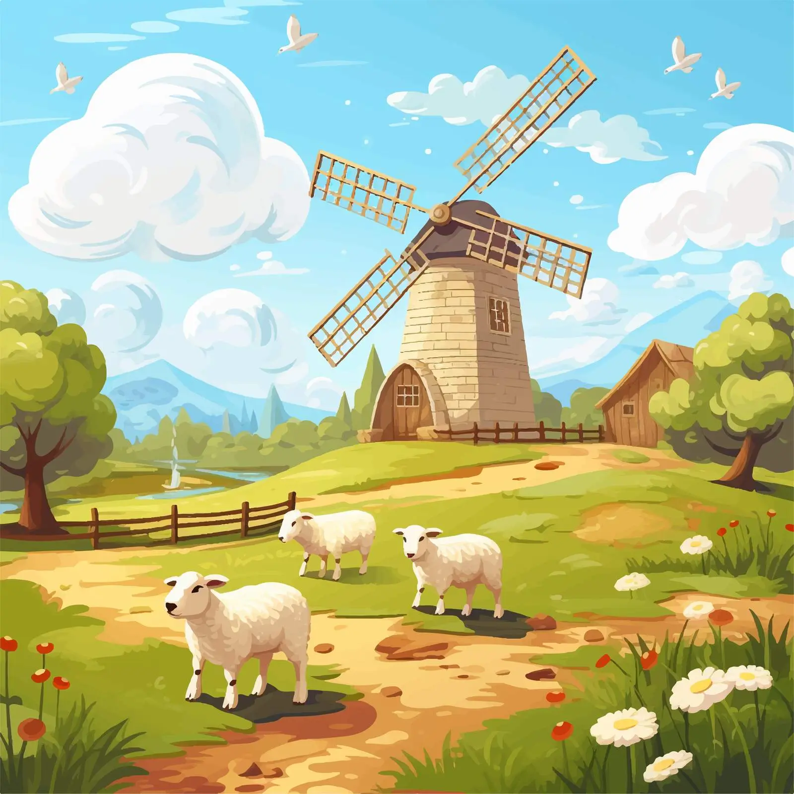 Farm Scene with Barn, Windmill, and Sheep — free download from Dotvec