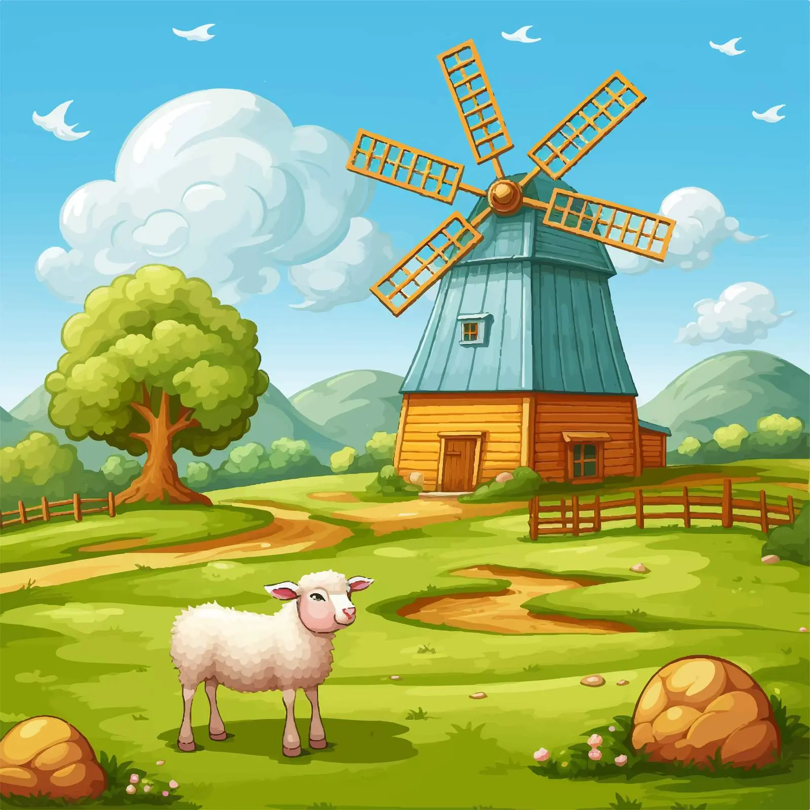 Farm Scene with Barn, Windmill, and Sheep — free download from Dotvec