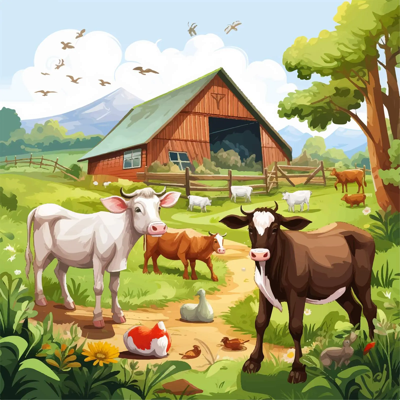 Farm Scene with Animals by the Barn – free haystack image from Dotvec