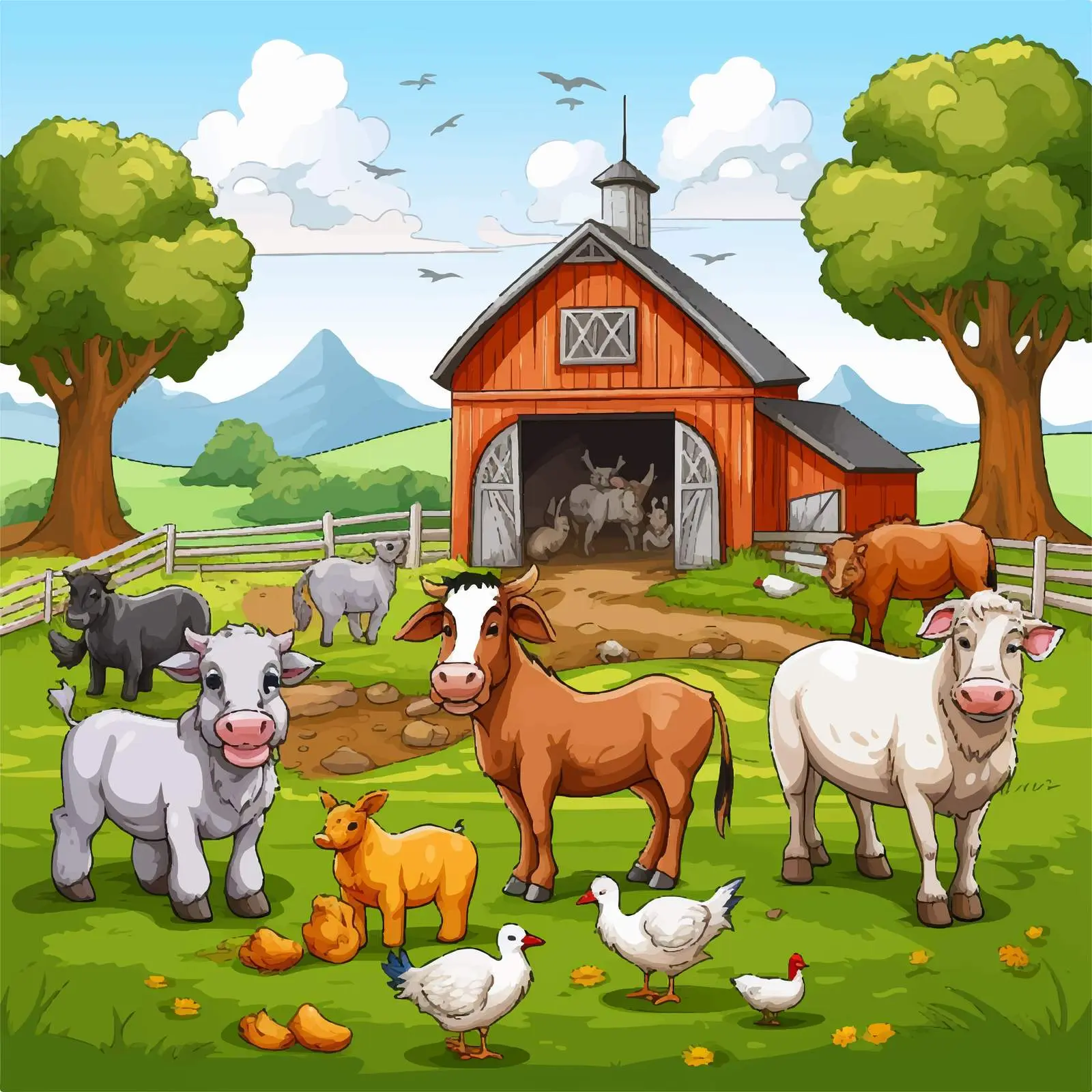 Farm Scene Illustration with Animals by Barn — free download from Dotvec