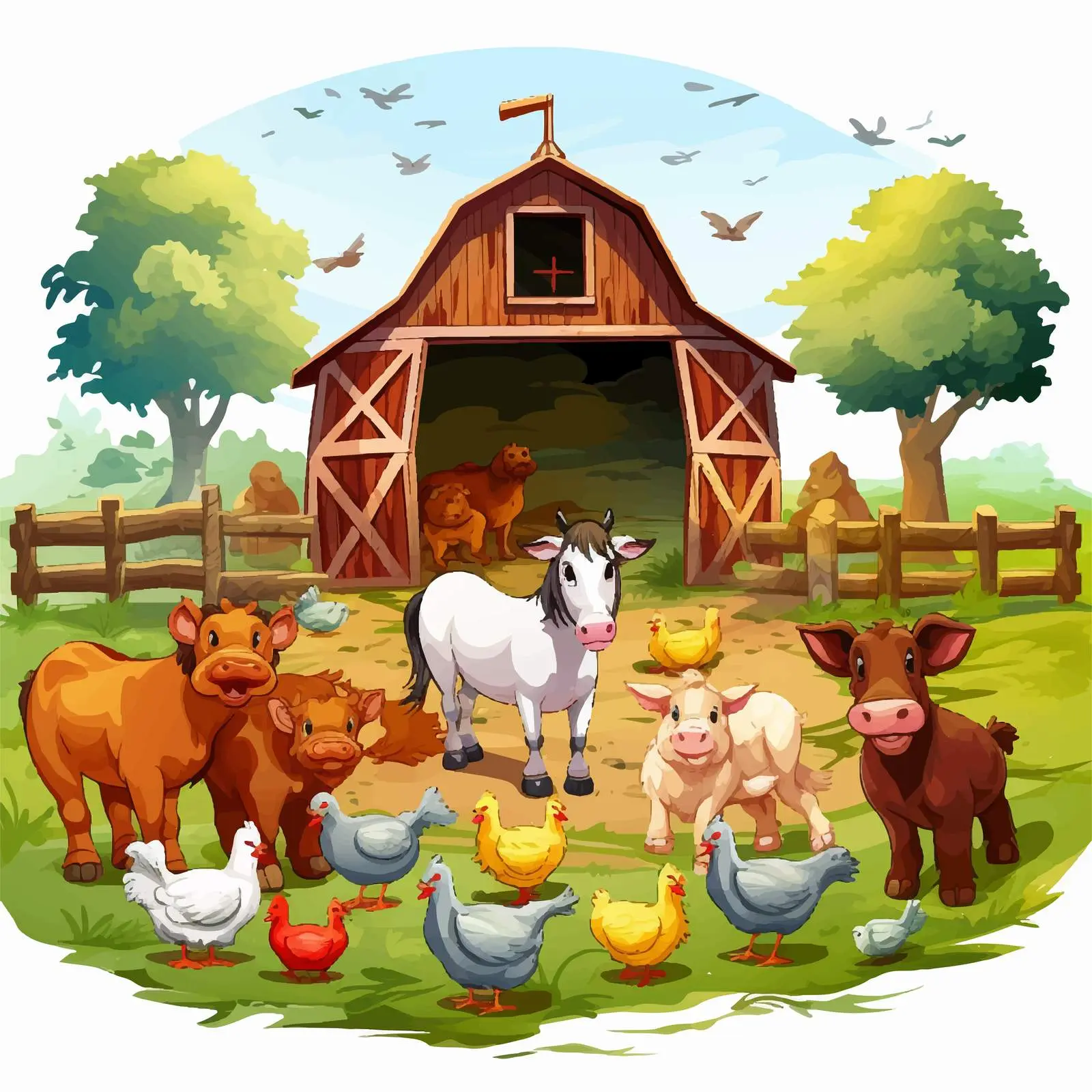 Charming Farm Scene with Animals by Barn — free download from Dotvec