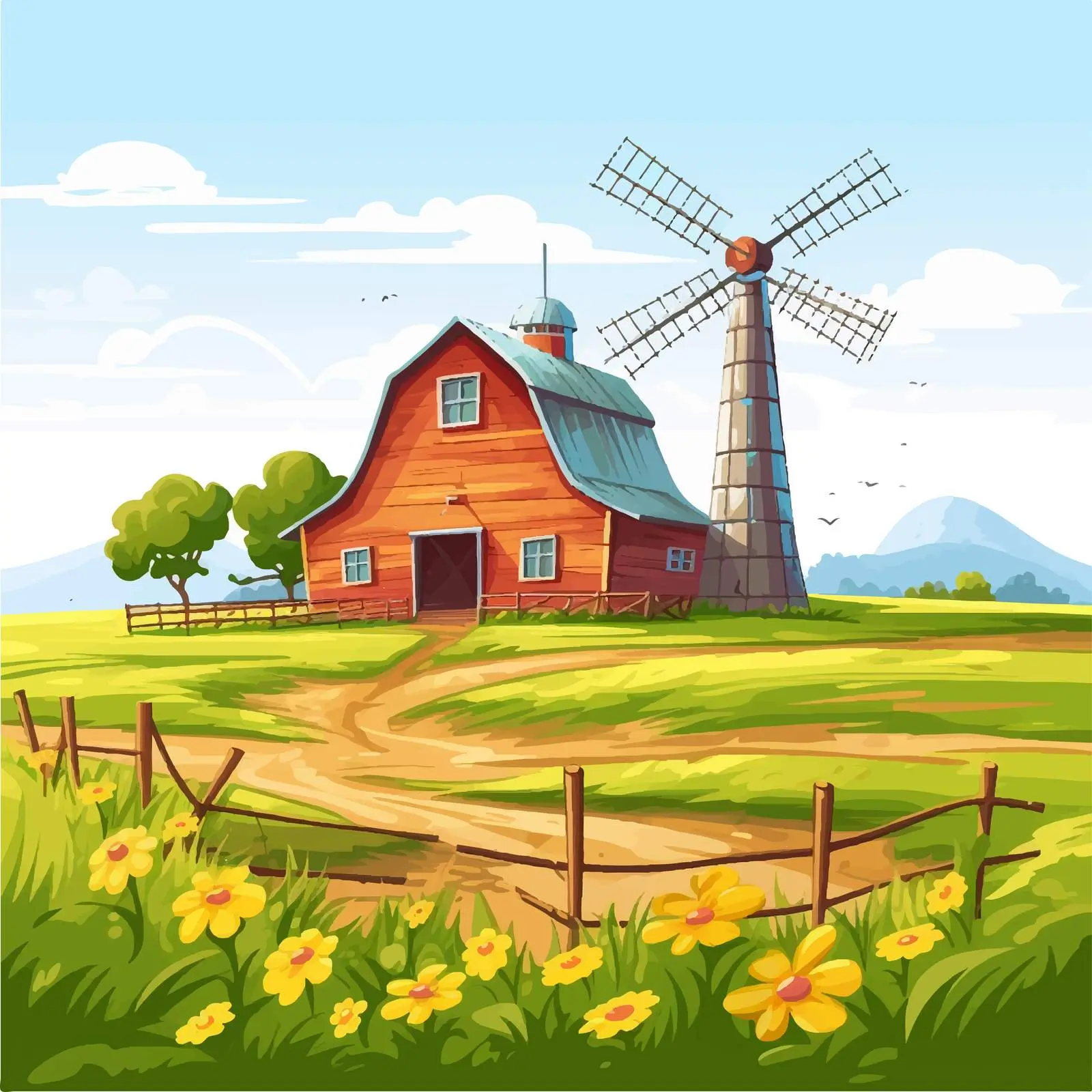 Farm Scene with Barn and Windmill Illustration — free download from Dotvec