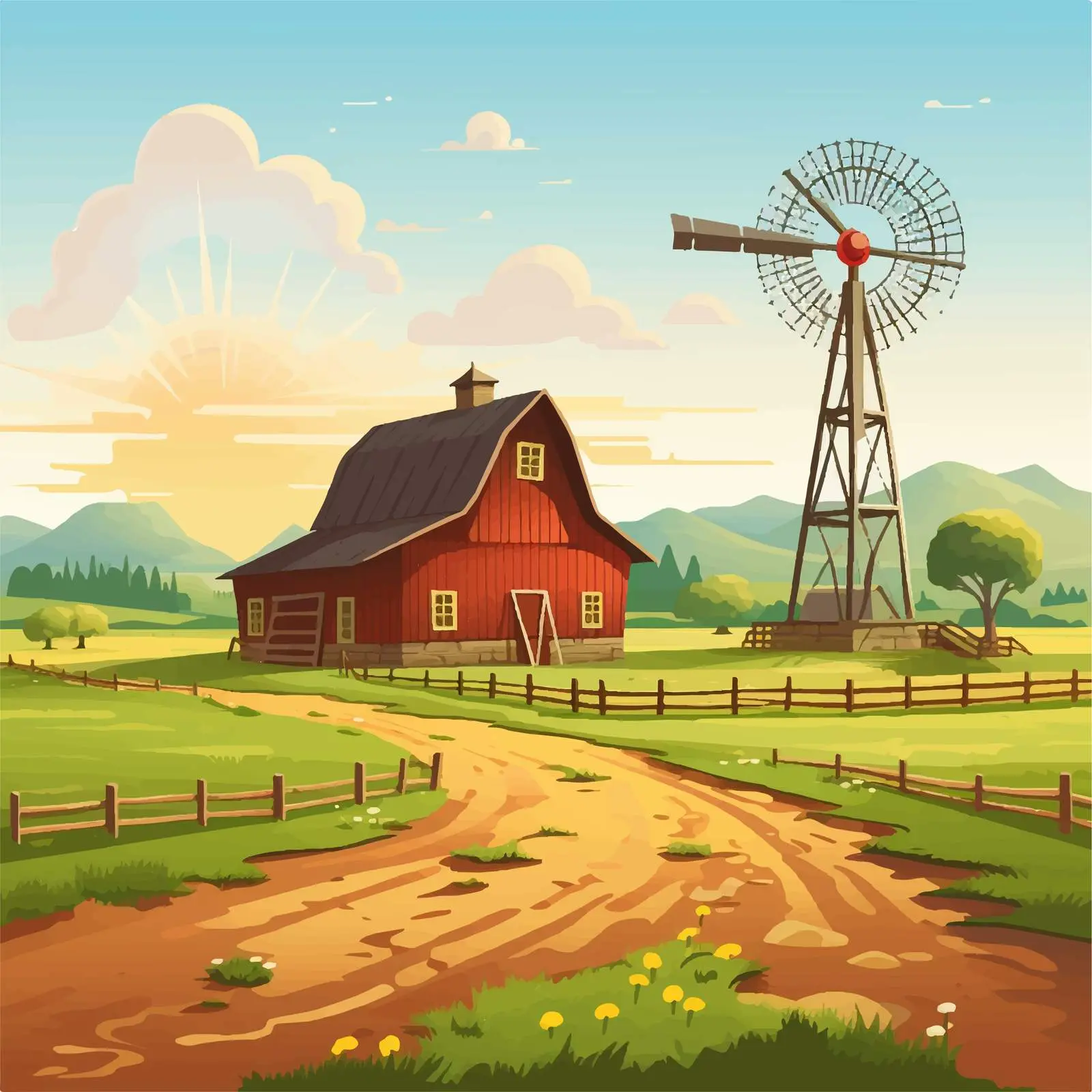 Farm Scene with Barn and Windmill Illustration — free download from Dotvec