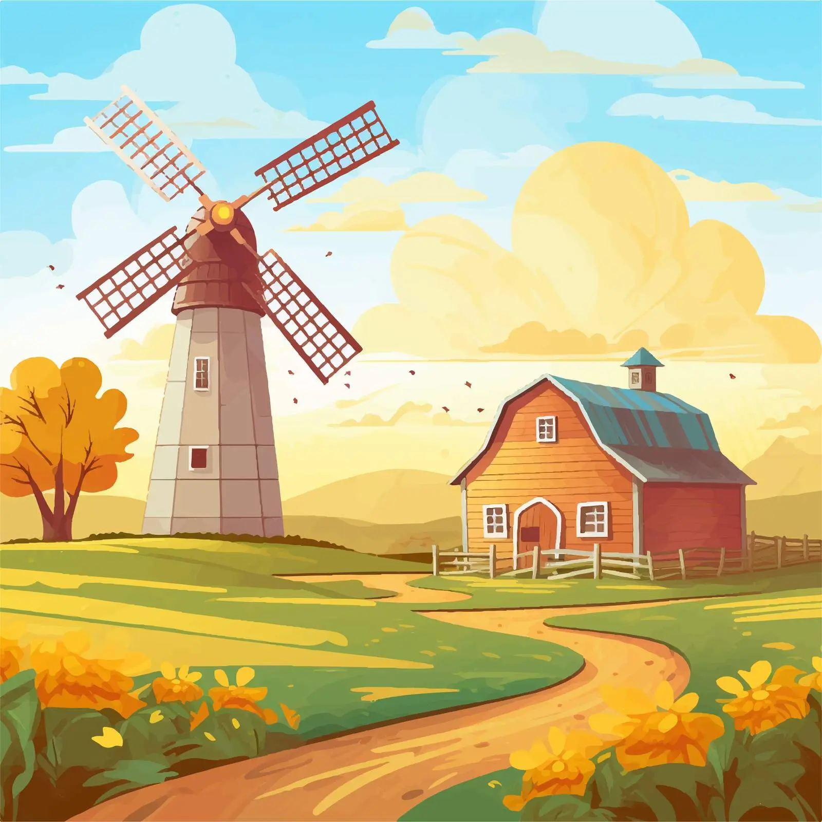 Farm Scene with Barn and Windmill Illustration — free download from Dotvec