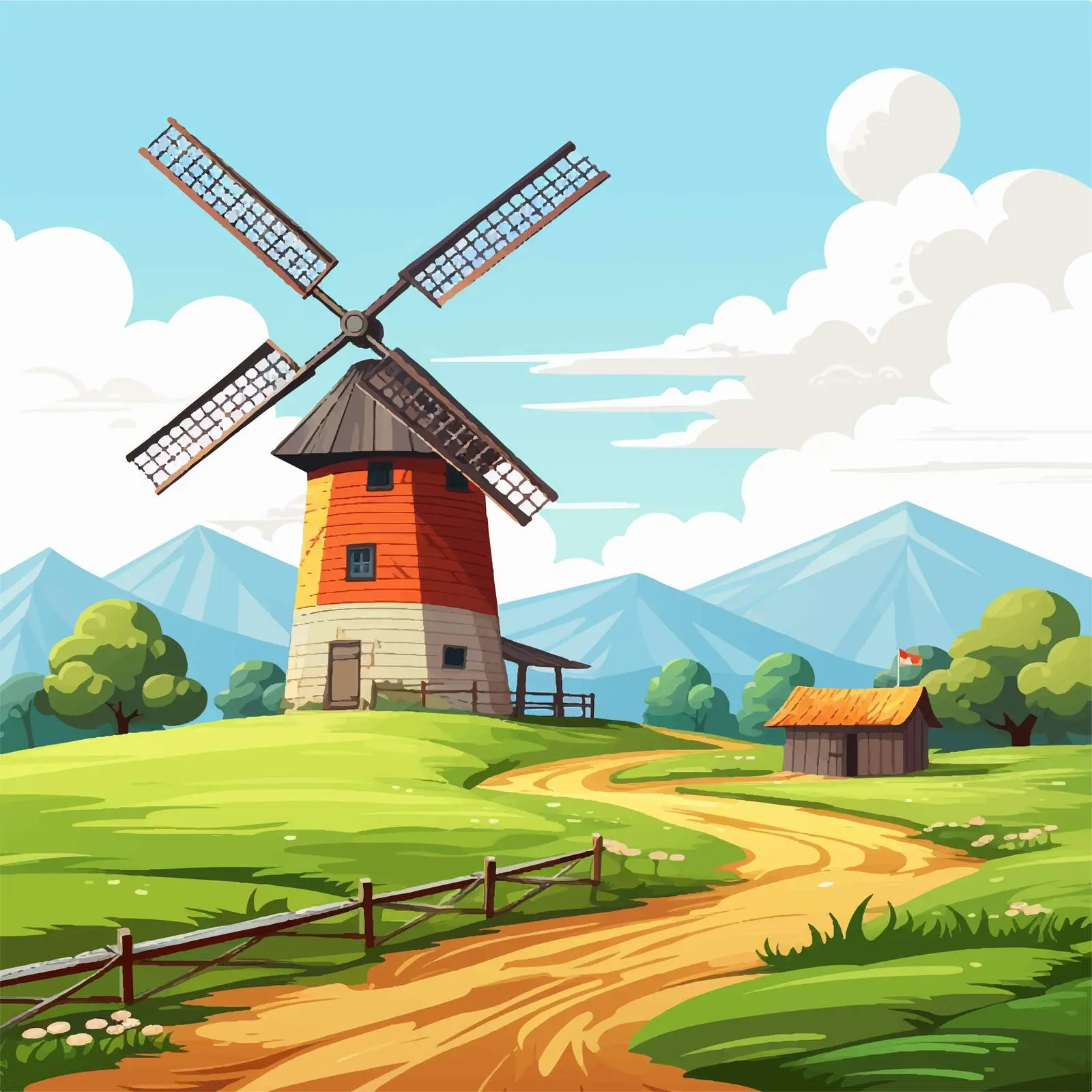Farm Scene with Barn and Windmill Vector — free download from Dotvec