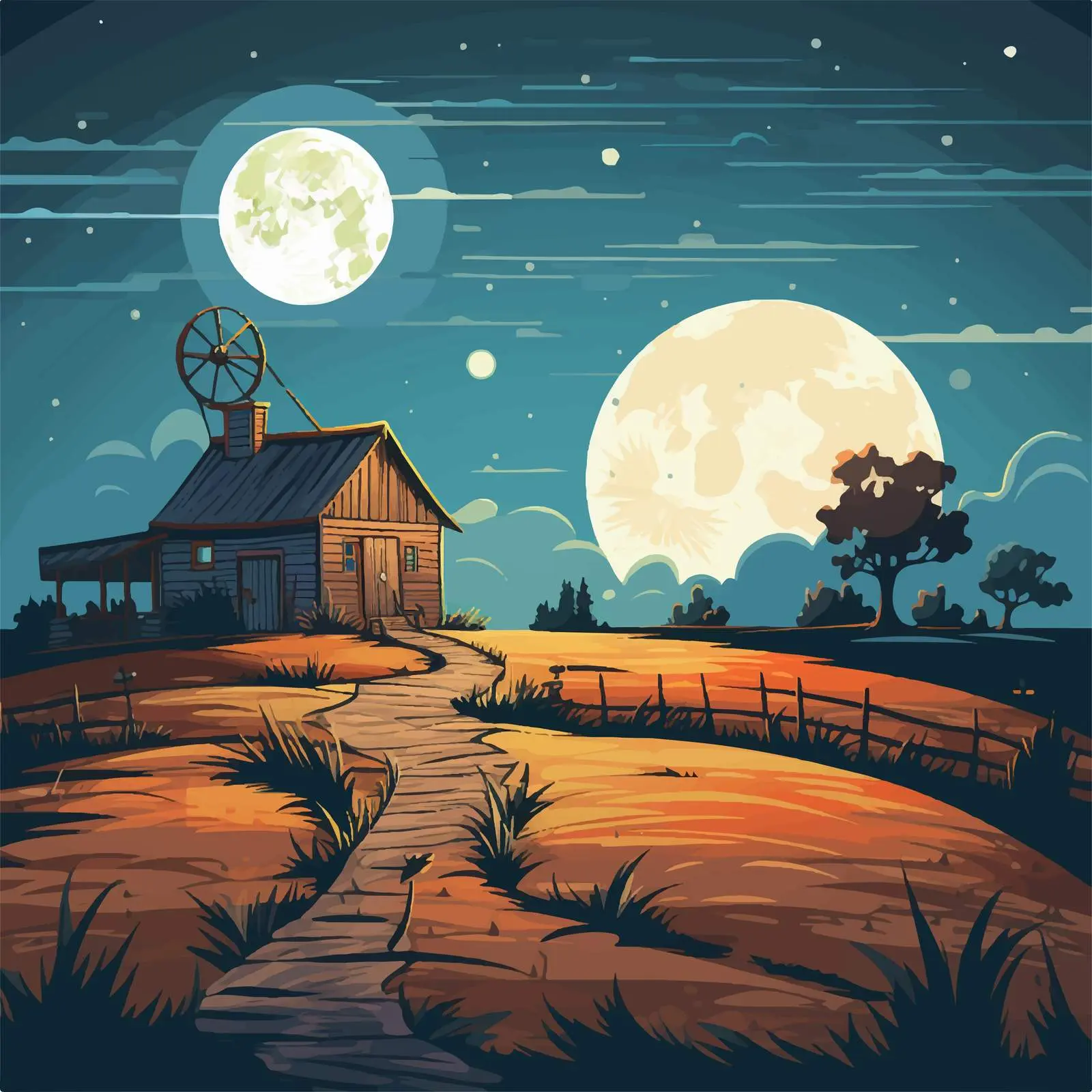 Farm Scene Under Big Moon at Night — free download from Dotvec
