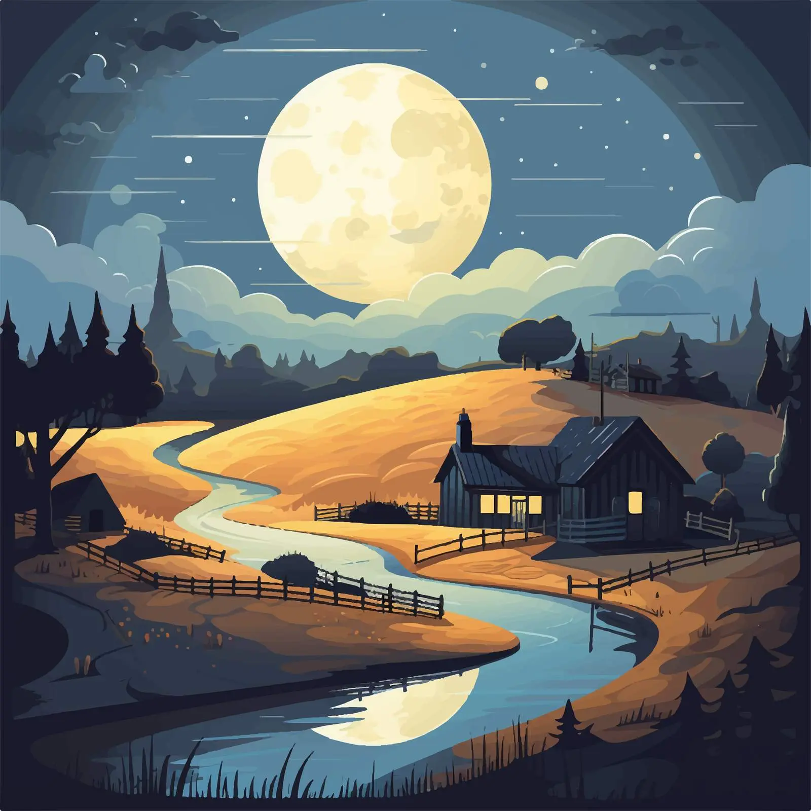 Nighttime Farm Scene with Large Moon – free nighttime landscape image from Dotvec