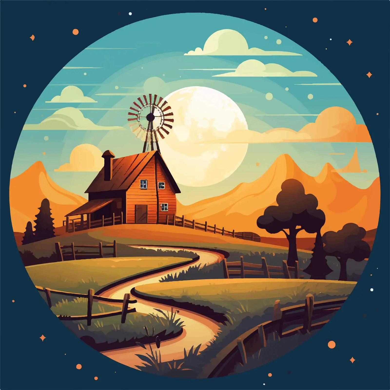 Night Farm Scene with Large Moon Illustration — free download from Dotvec