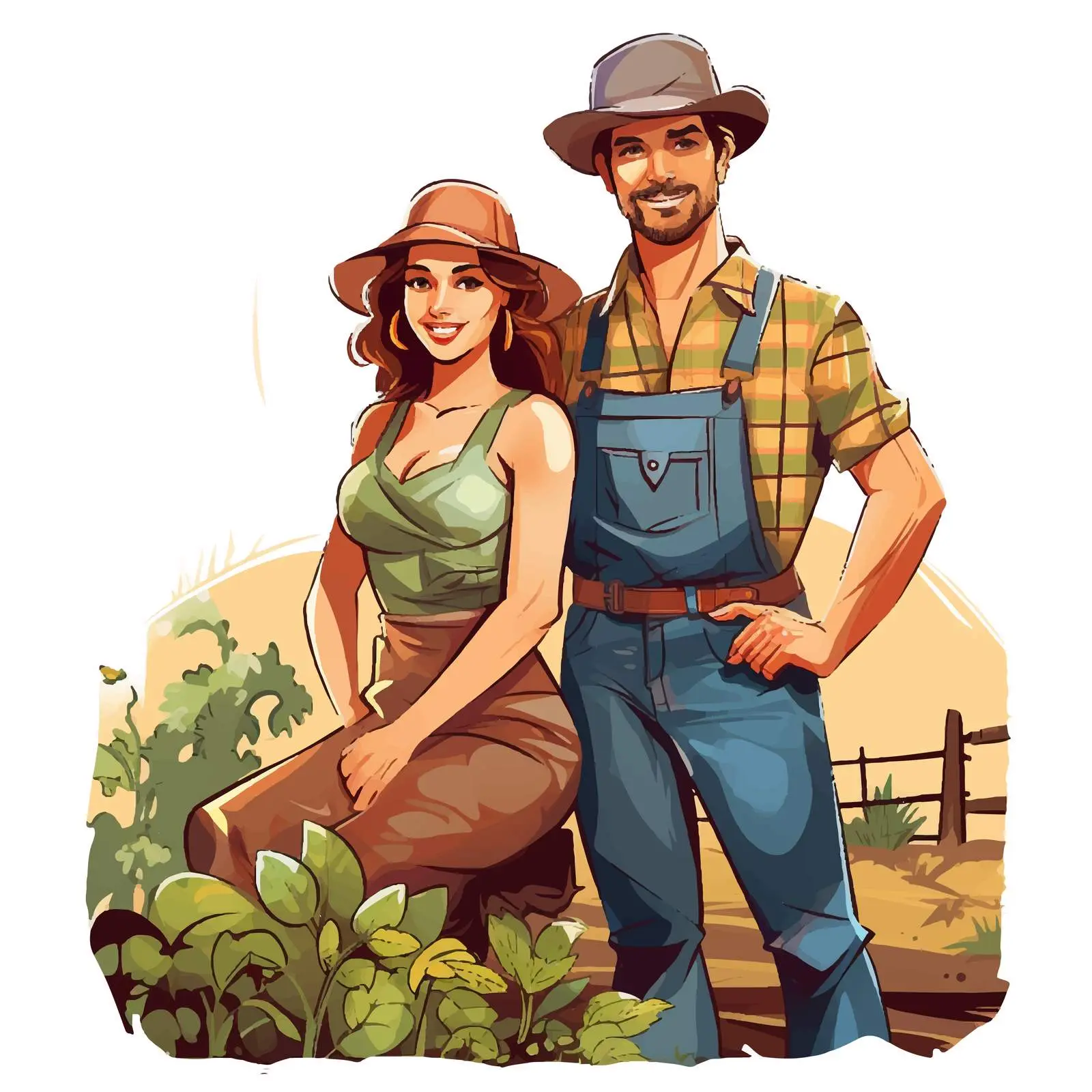 Cartoon Farmer Couple in Farm Scene Vector — free download from Dotvec