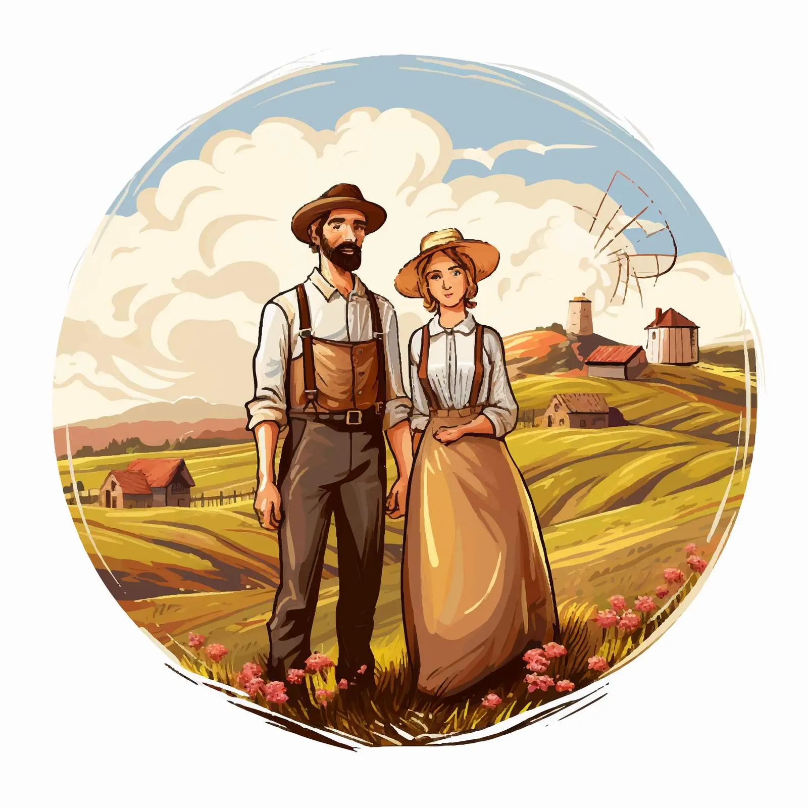 Cartoon Farmer Couple in Farm Scene Vector — free download from Dotvec