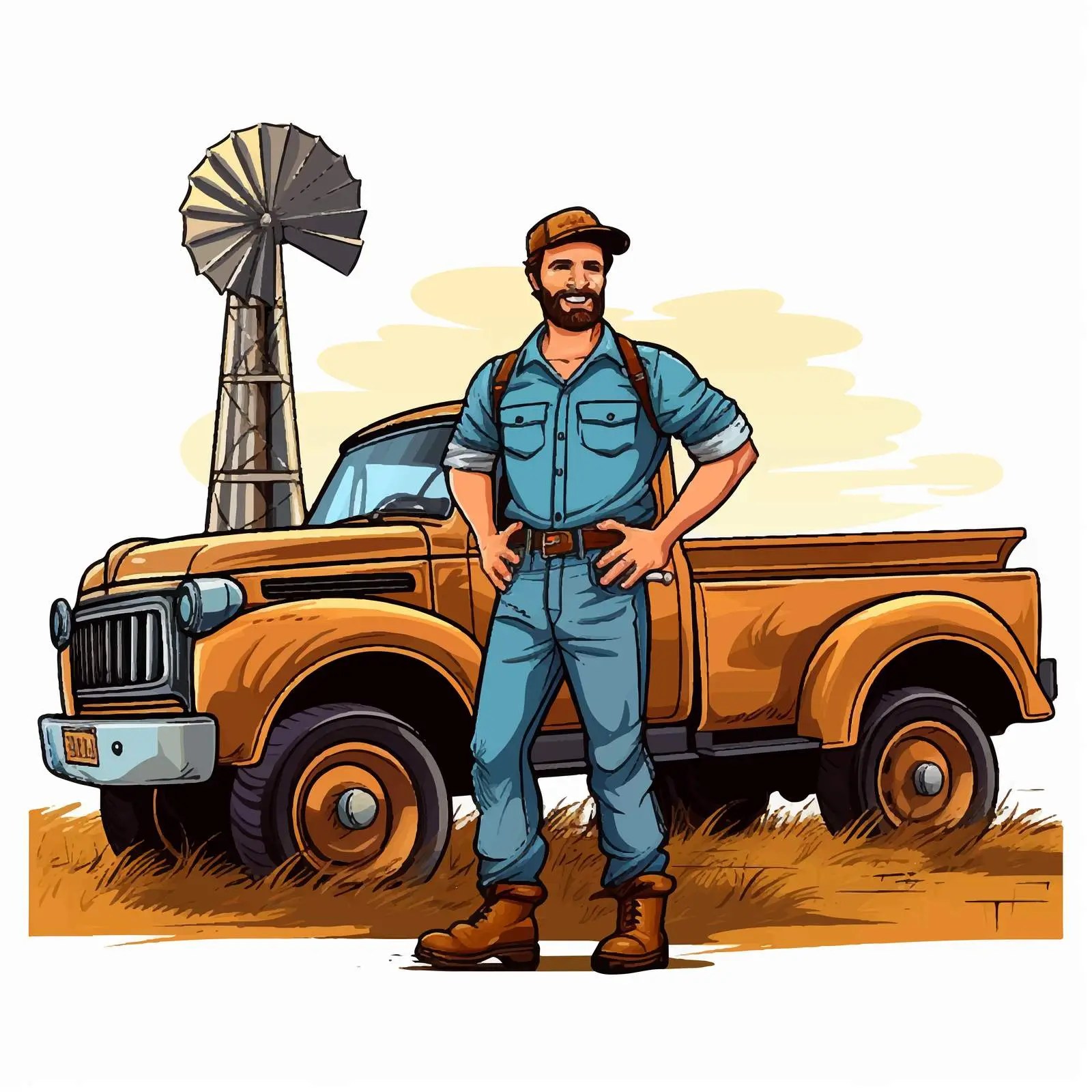 Farmer with Truck and Windmill Vector Illustration — free download from Dotvec