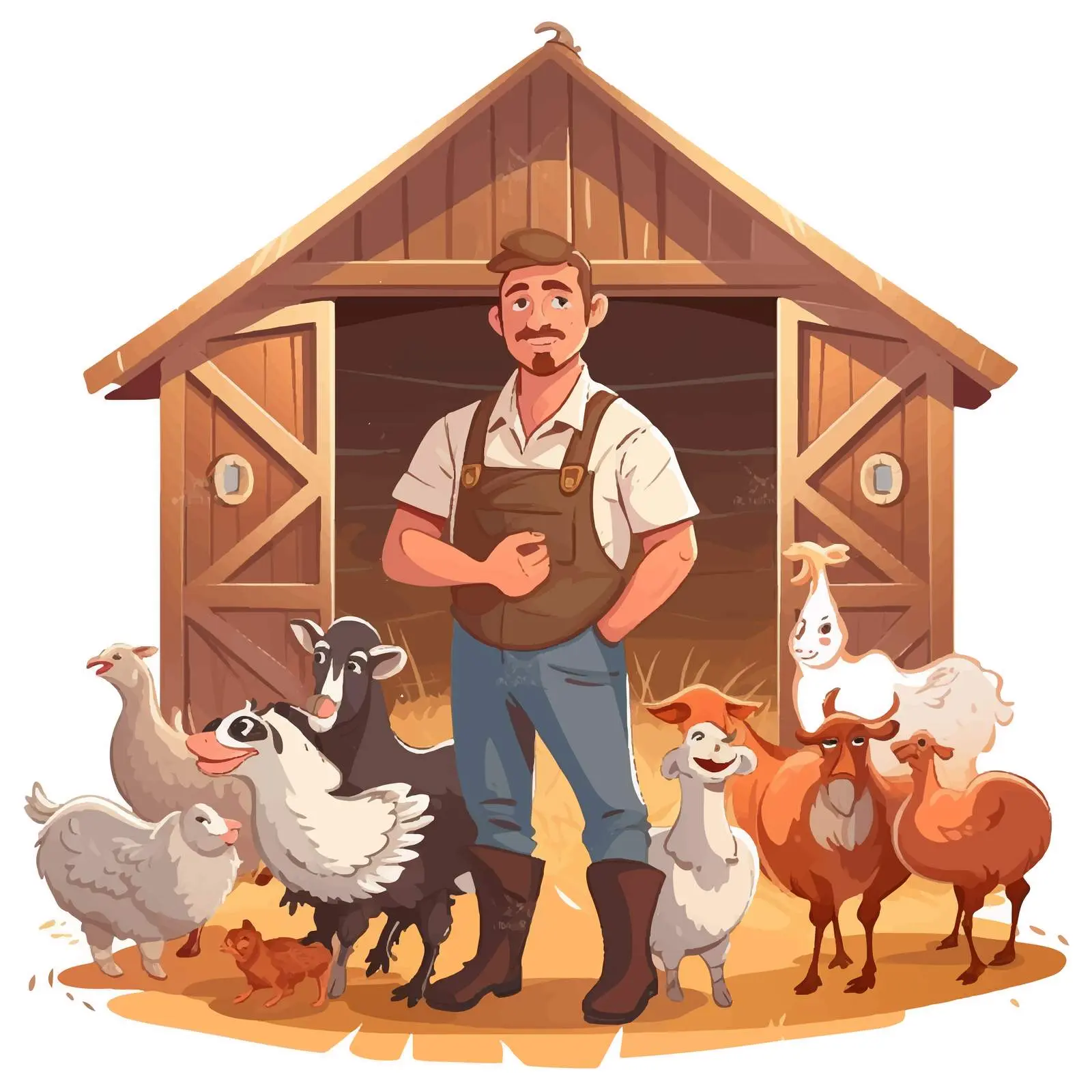 Cartoon Farmer with Animals in Barn Vector — free download from Dotvec