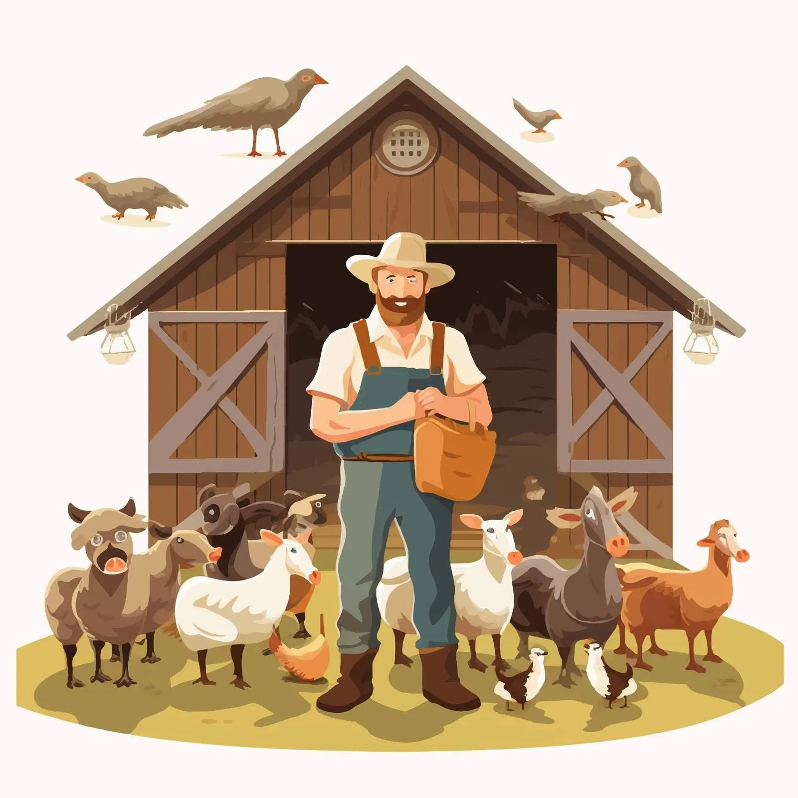 Cartoon Farmer with Animals in Barn Vector — free download from Dotvec