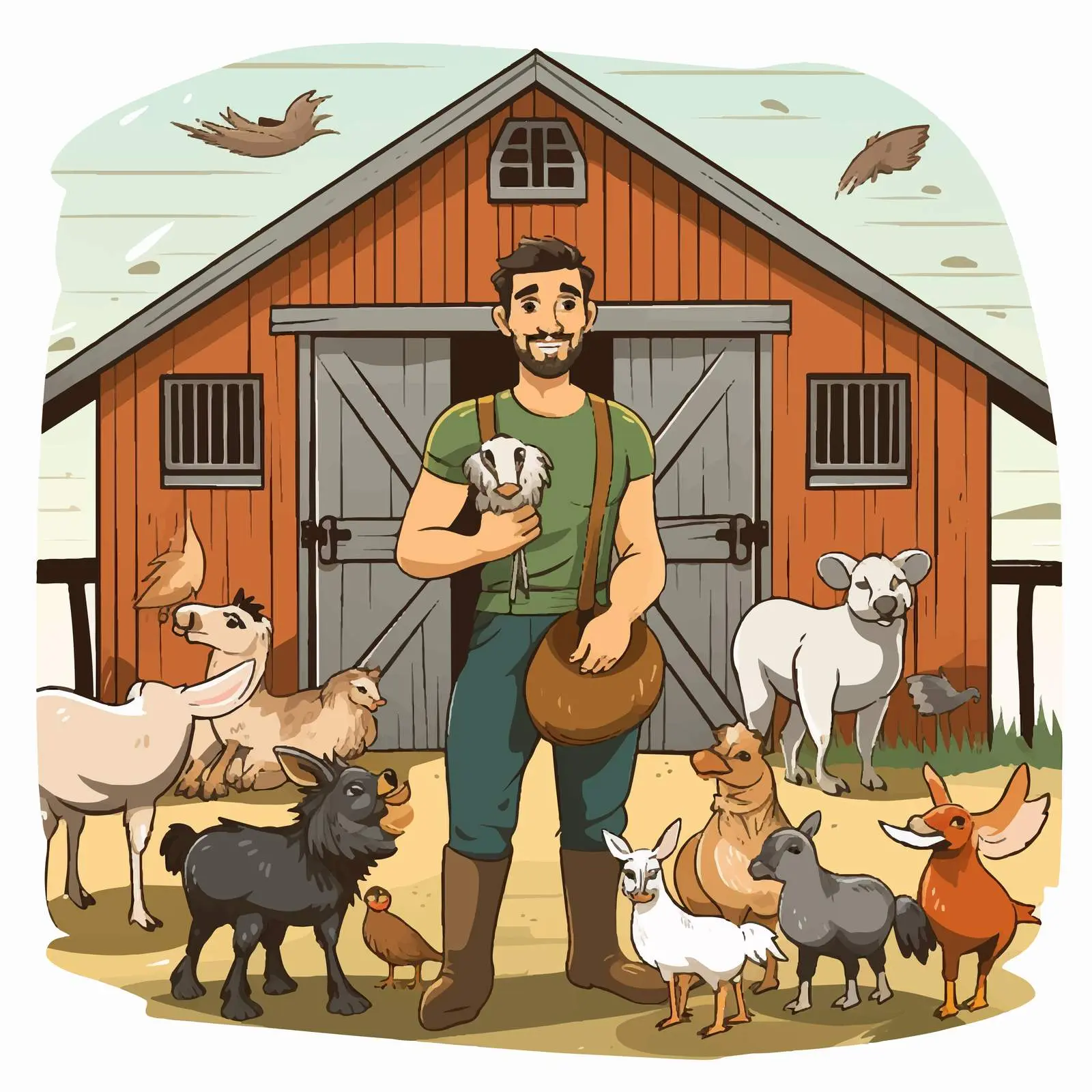Cartoon Farmer with Animals in Barn Vector — free download from Dotvec