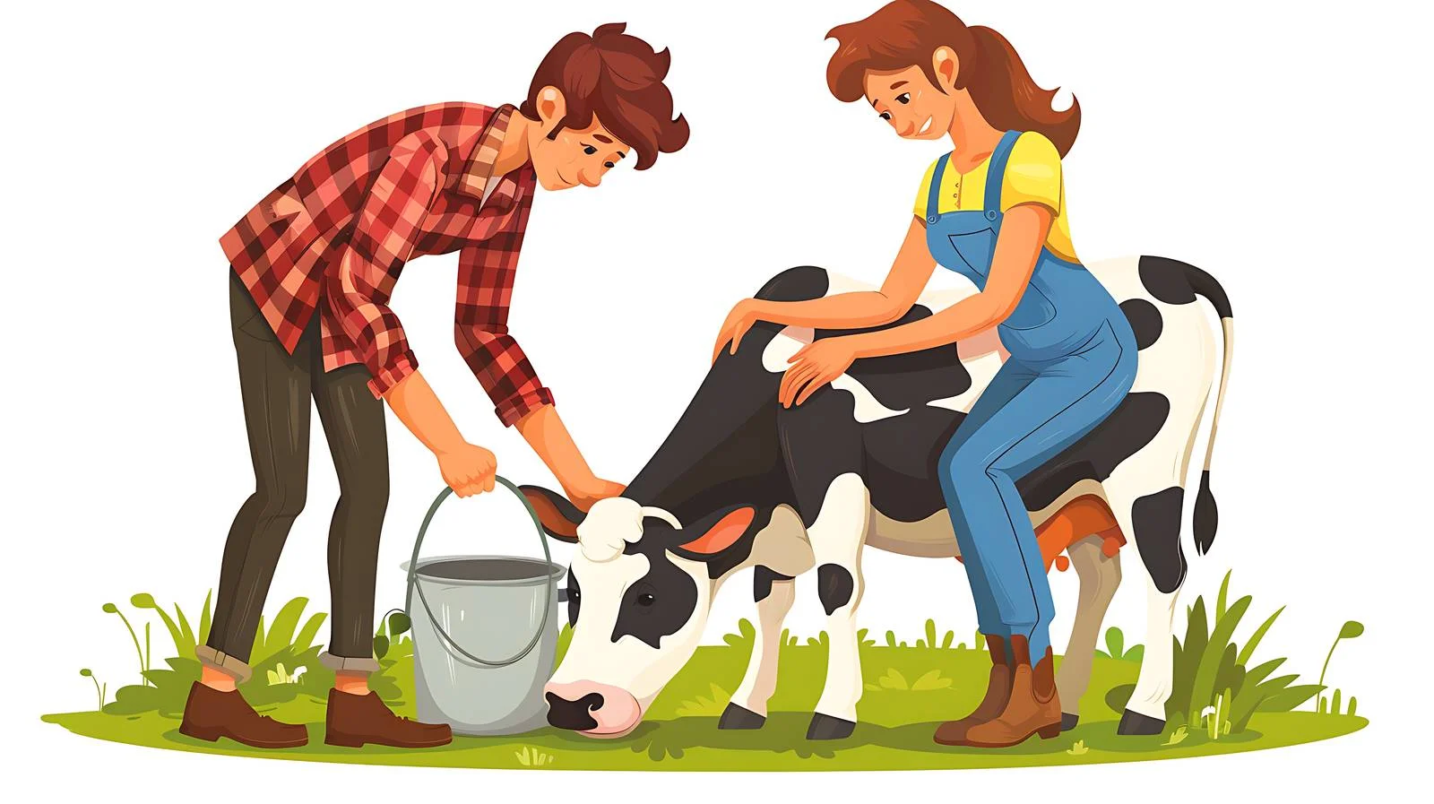Rural Couple Milking Cow on Pasture — free download from Dotvec