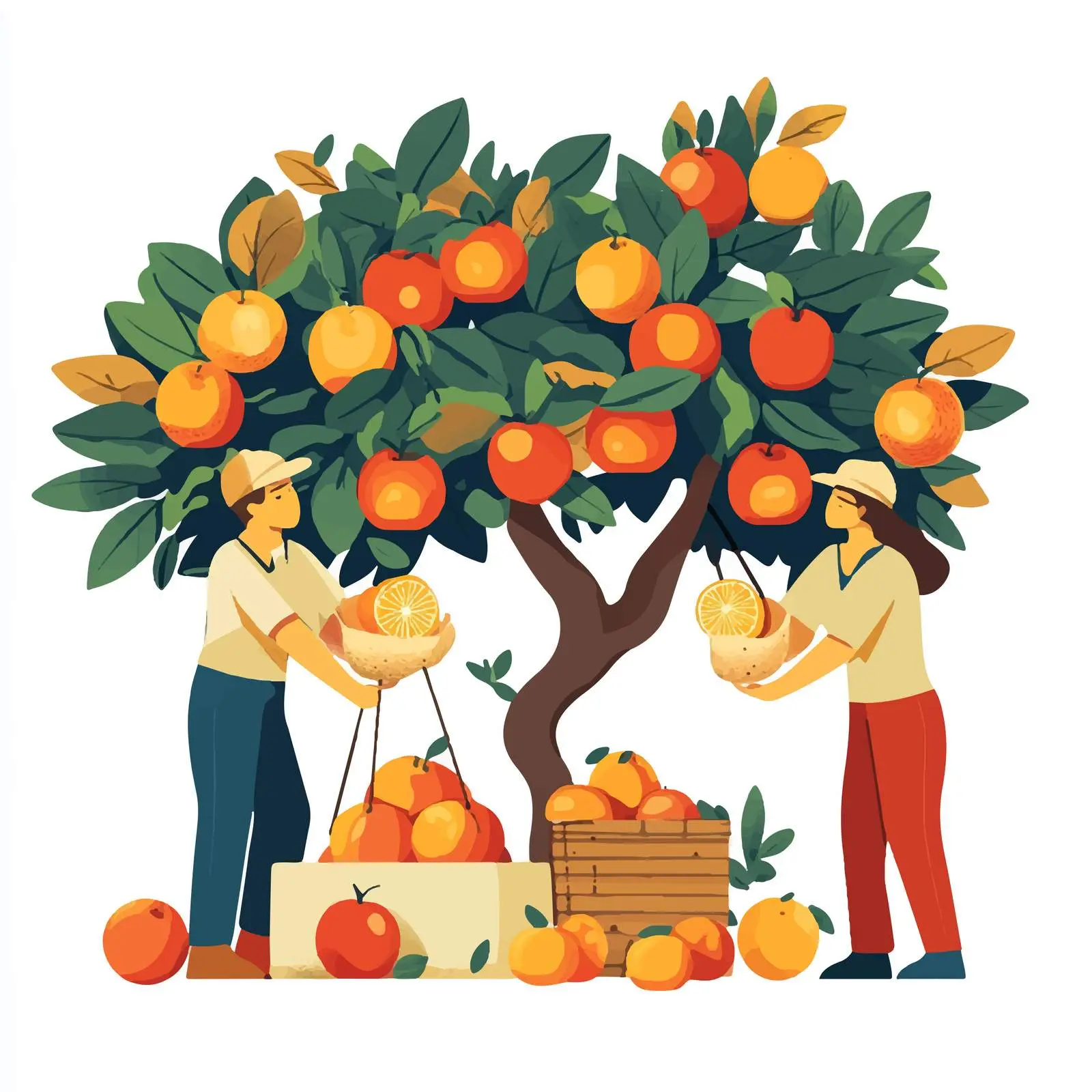 Farmers Harvesting Apples and Oranges in Orchard — free download from Dotvec