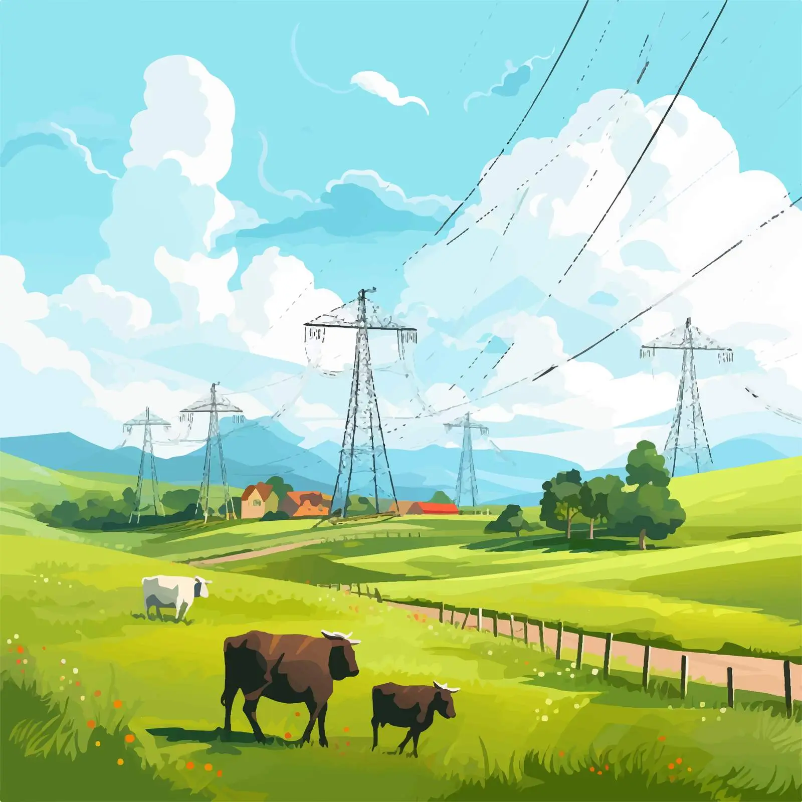 Pastoral Landscape with Cows and Power Lines — free download from Dotvec