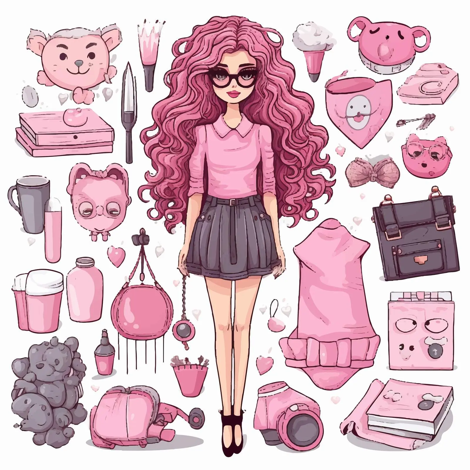 Fashion Girl Doodle Style Doll Accessories Set — free download from Dotvec