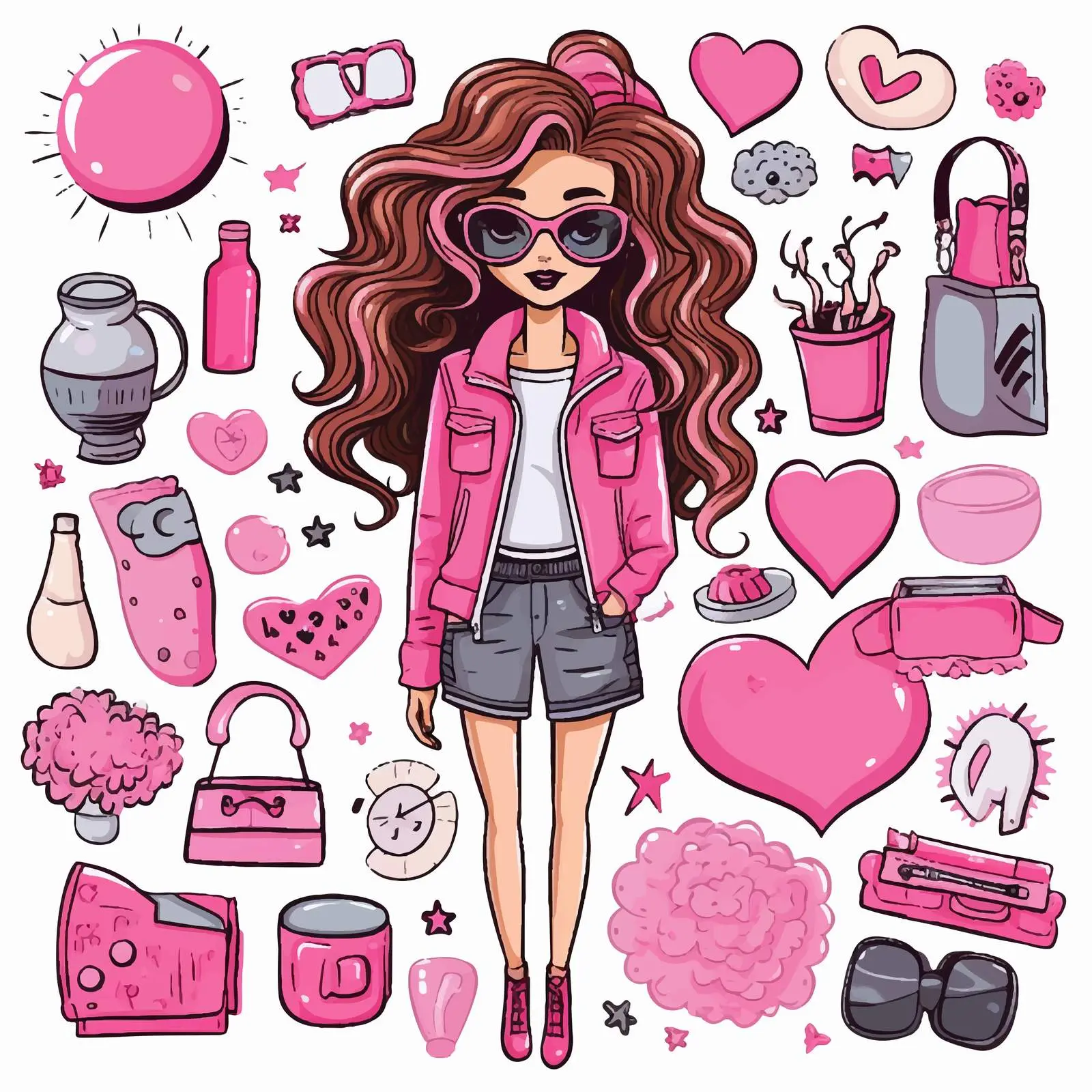 Cute Pink Doodle Style Doll Accessories Set — free download from Dotvec