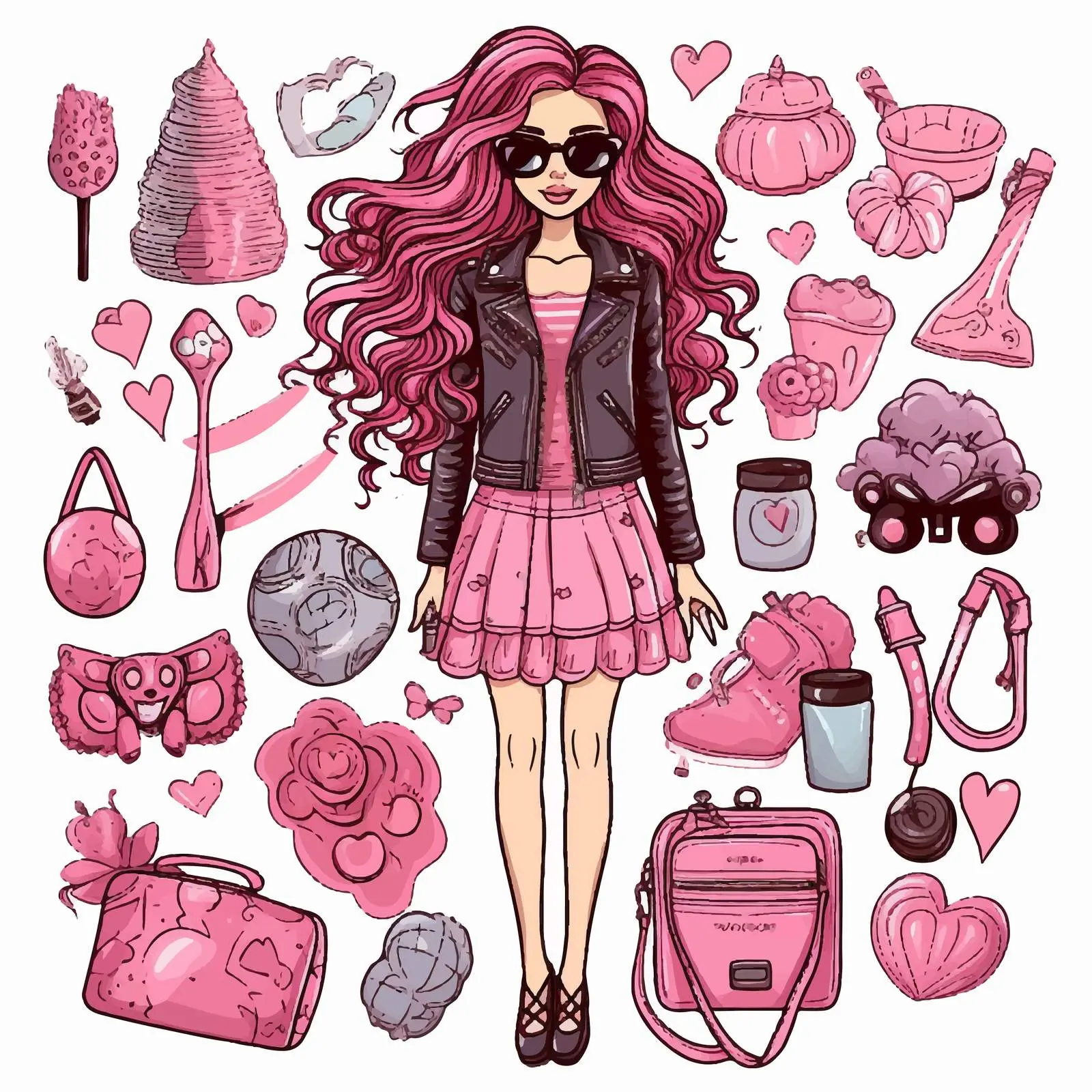 Fashion Girl Pink Doodle Style Doll Accessories Set — free download from Dotvec