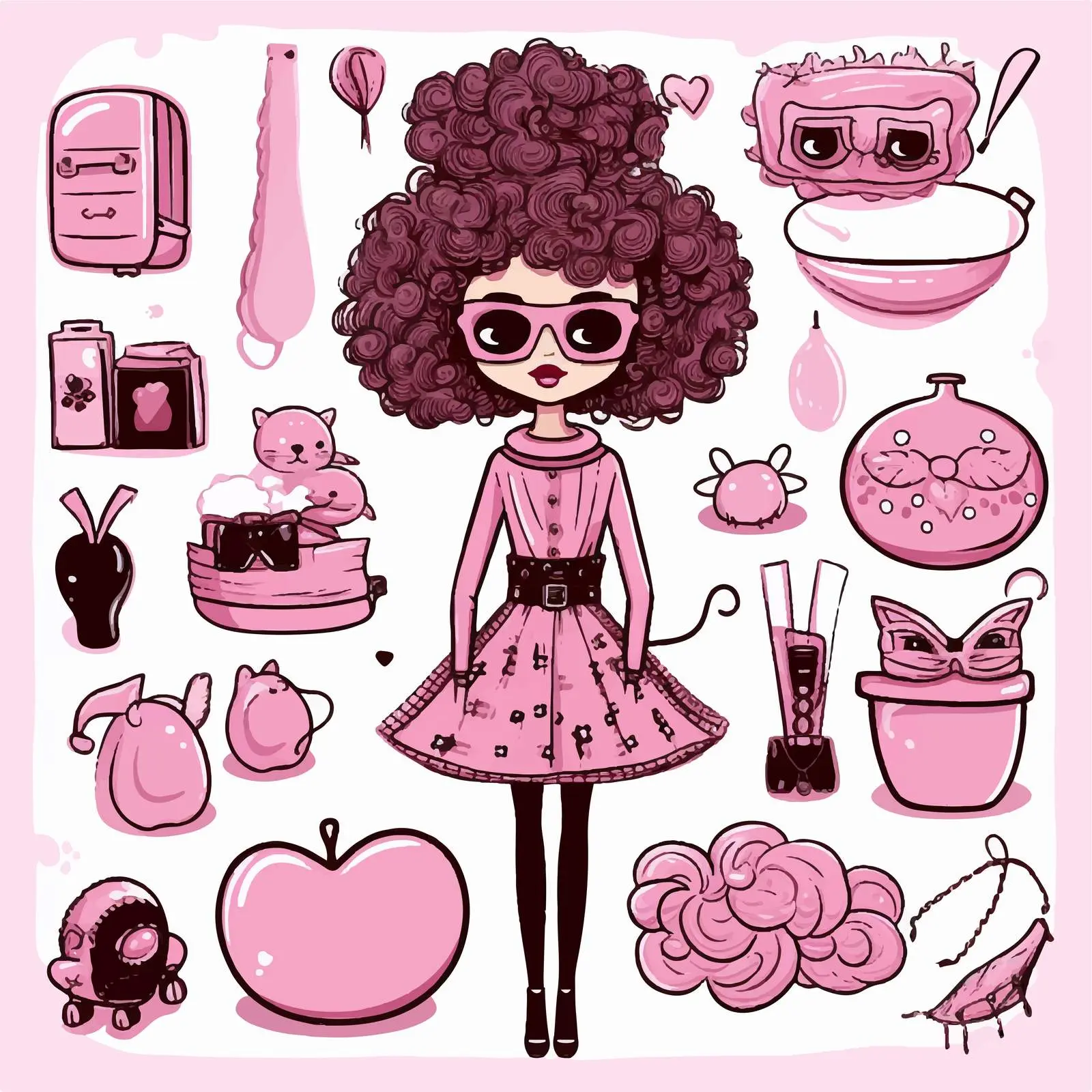 Pink Doodle Style Fashion Girl Doll Set — free download from Dotvec