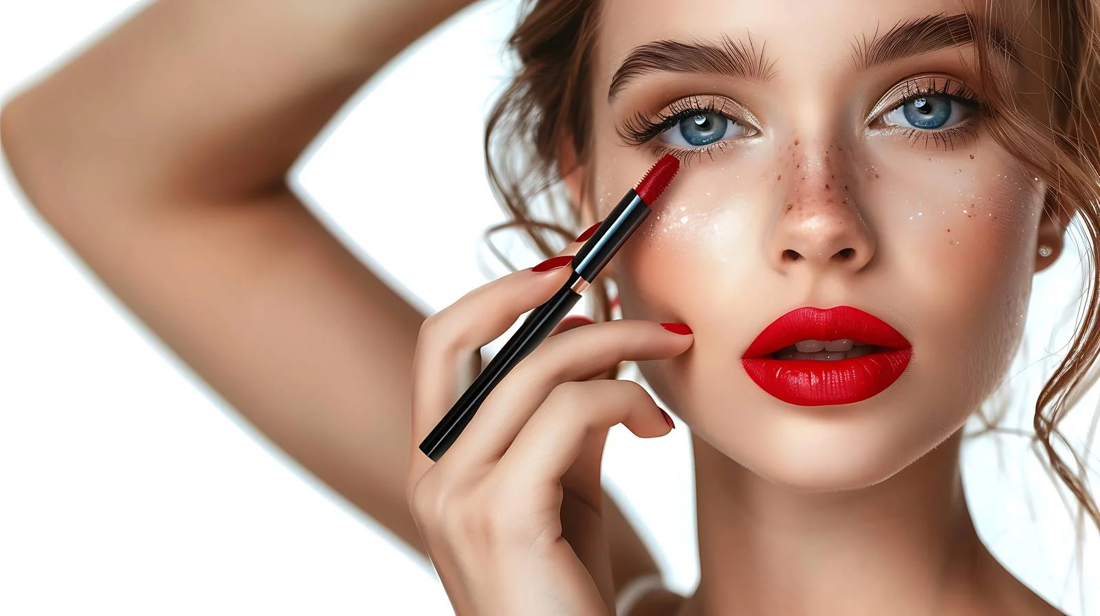 Fashion Model with Bright Makeup Applying Lipstick — free download from Dotvec