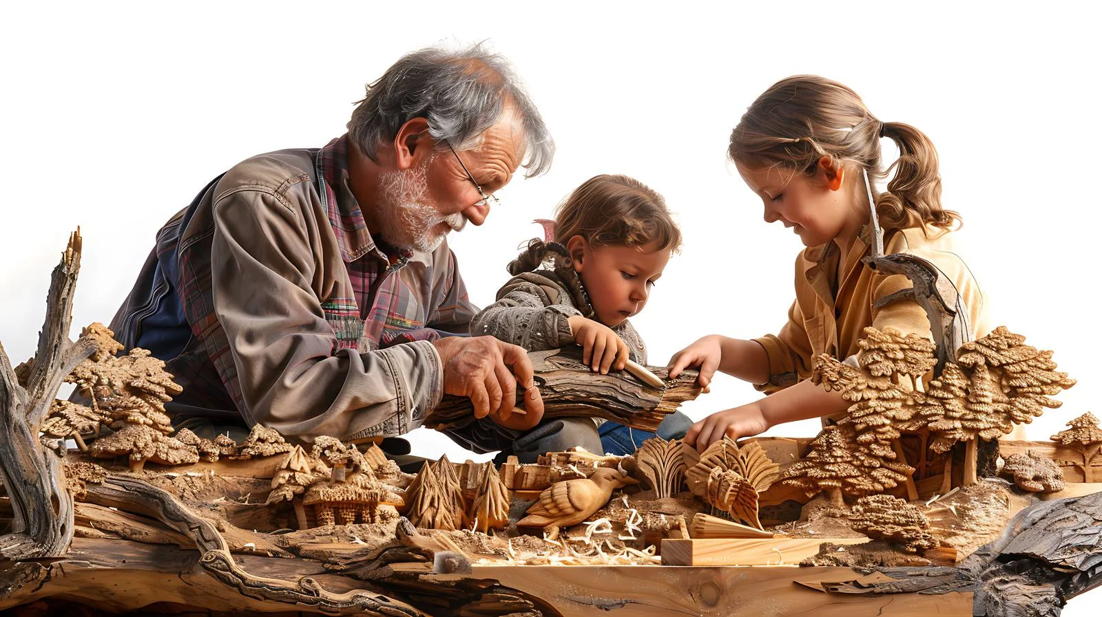 Dad and child carving wood in secluded woods — free download from Dotvec