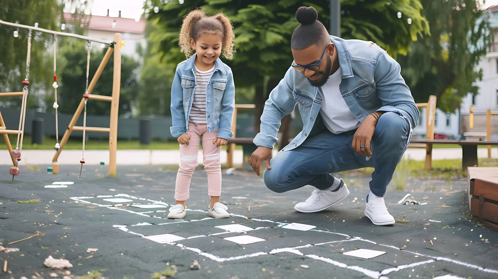 Family bonding through hopscotch on playground — free download from Dotvec
