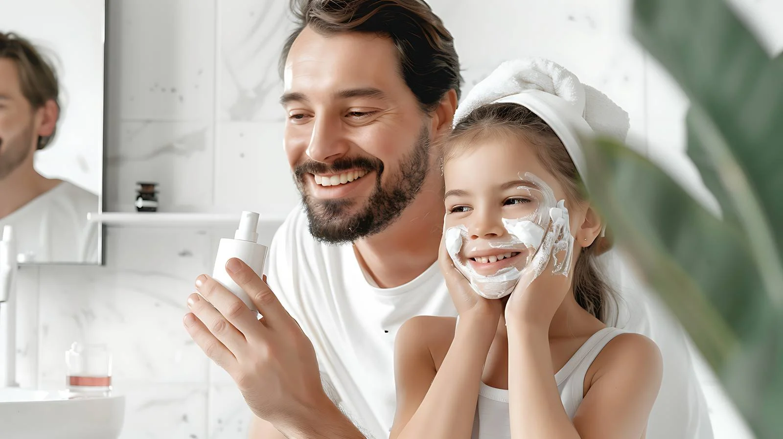 Family skincare routine in bathroom — free download from Dotvec
