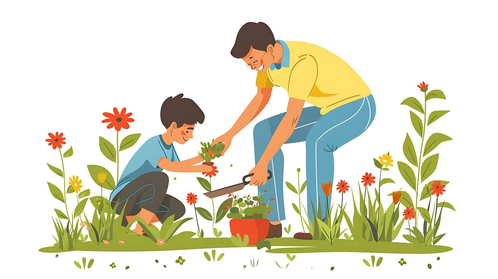 Gardening Together: Father & Son Pruning Plants — free download from Dotvec