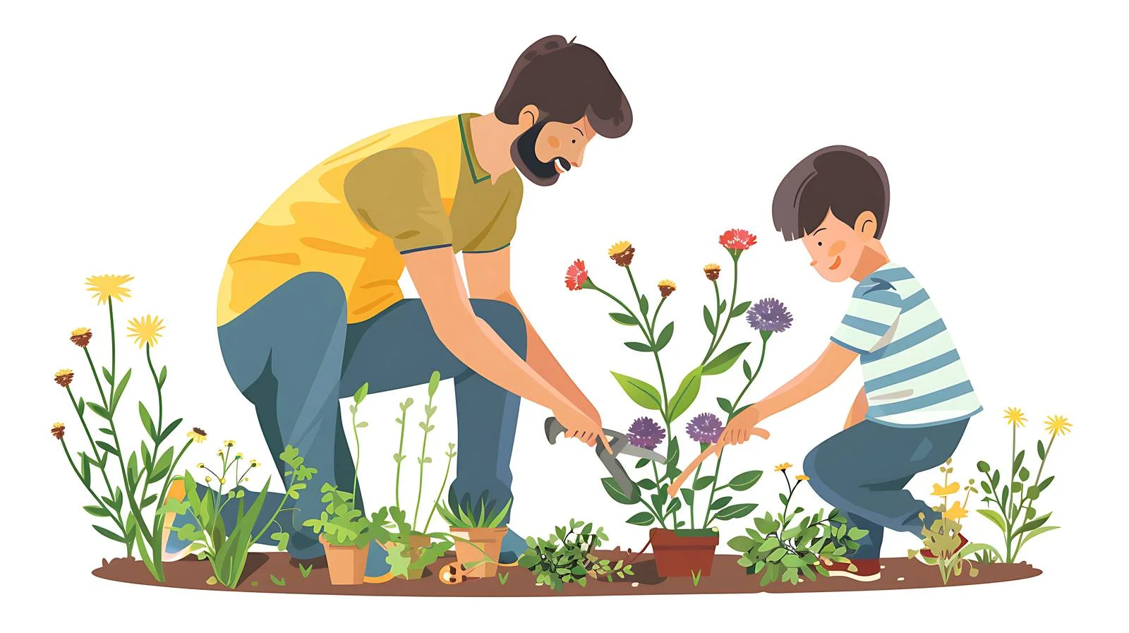 Gardening Father and Son Pruning Plants — free download from Dotvec