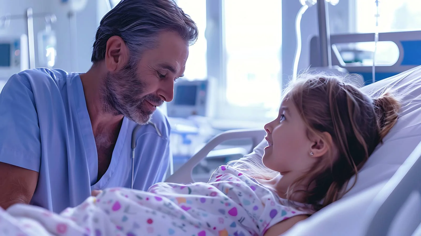 Caring Father with Sick Daughter in Hospital — free download from Dotvec