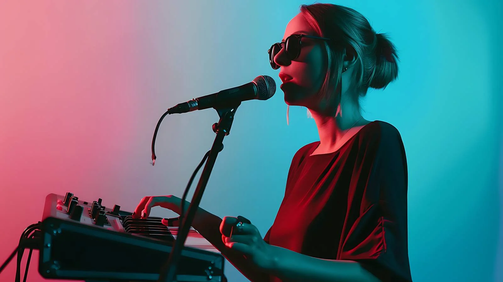 Female Artist Performing with Microphone and Synthesizer — free download from Dotvec