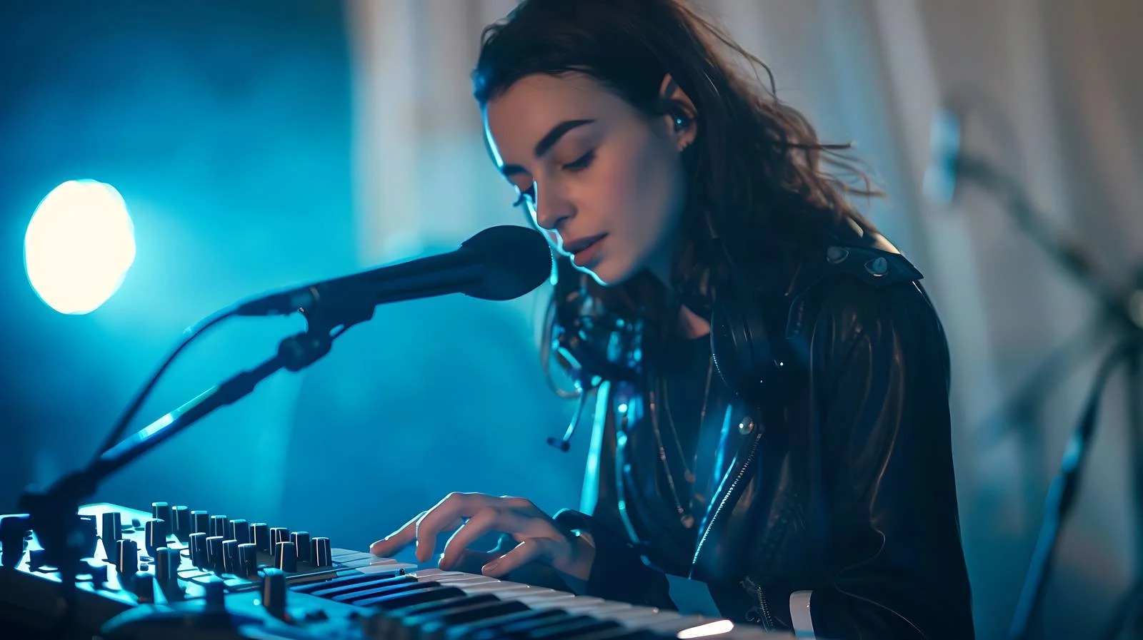 Female Artist Performing with Synthesizer and Microphone — free download from Dotvec