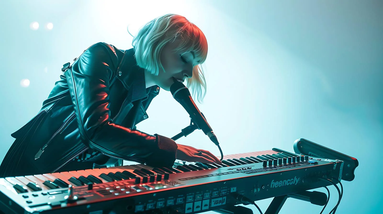 Female Artist Playing Synthesizer with Microphone — free download from Dotvec